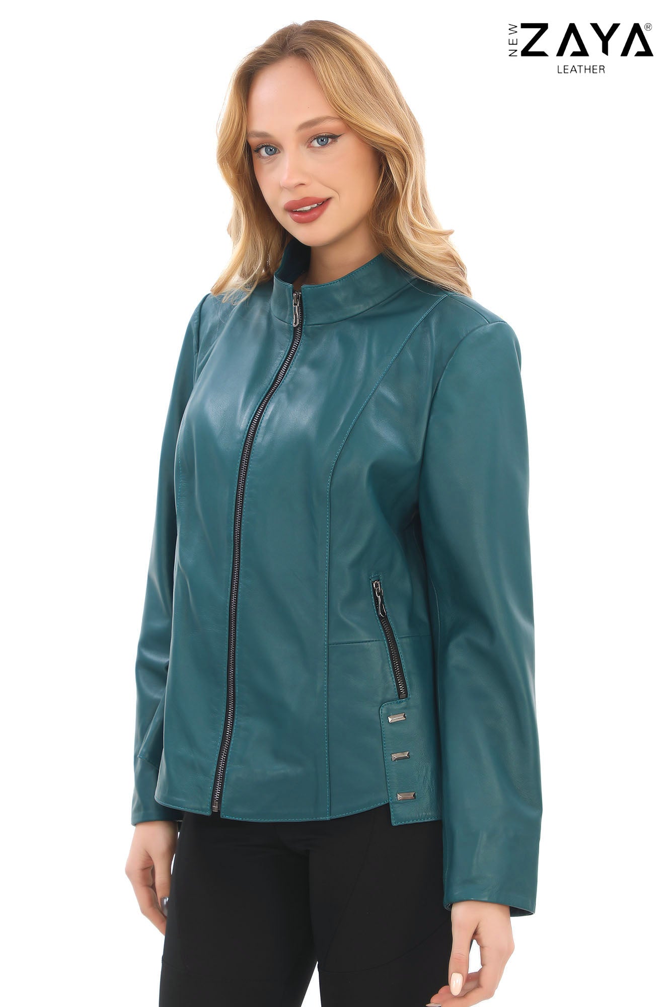 Hazel -Petrol Blue Stand Collar Genuine Leather Jacket