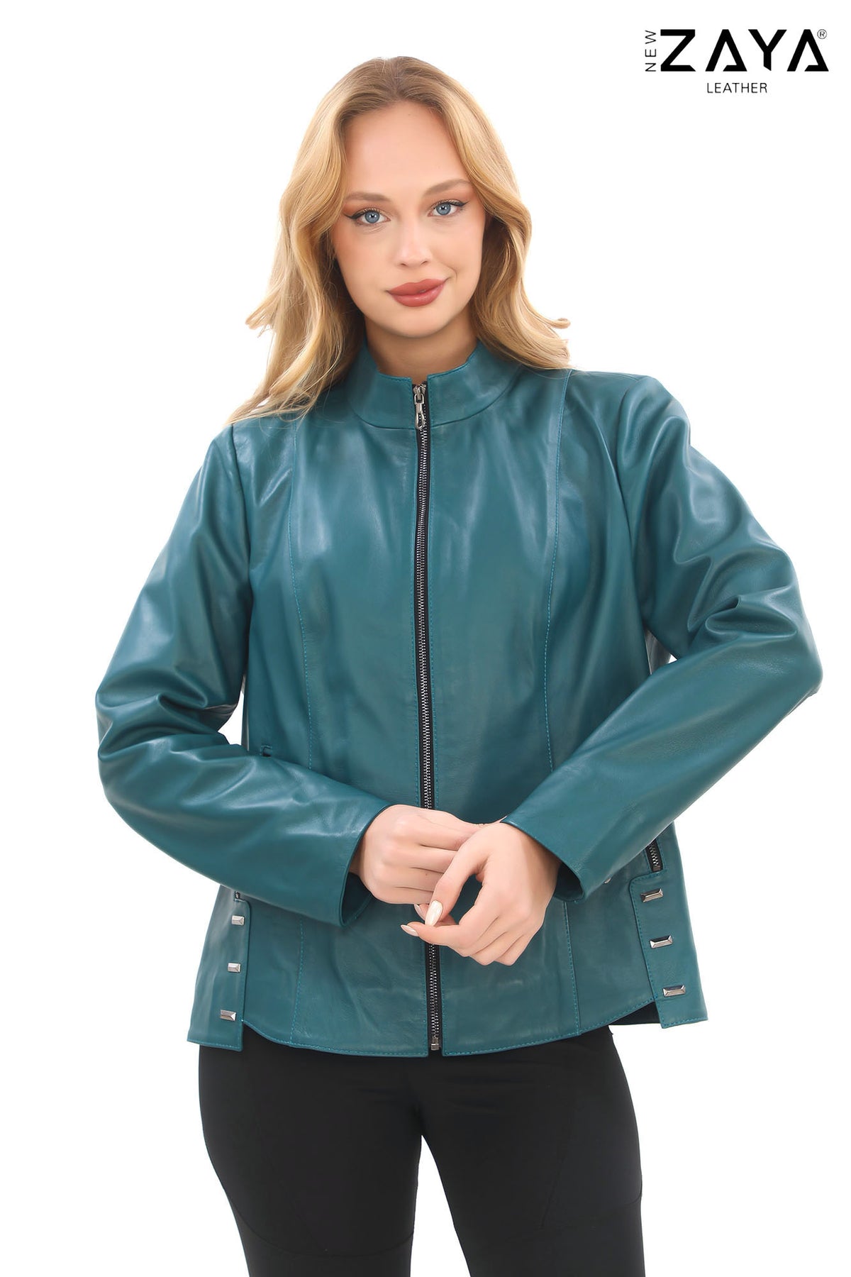 Hazel -Petrol Blue Stand Collar Genuine Leather Jacket