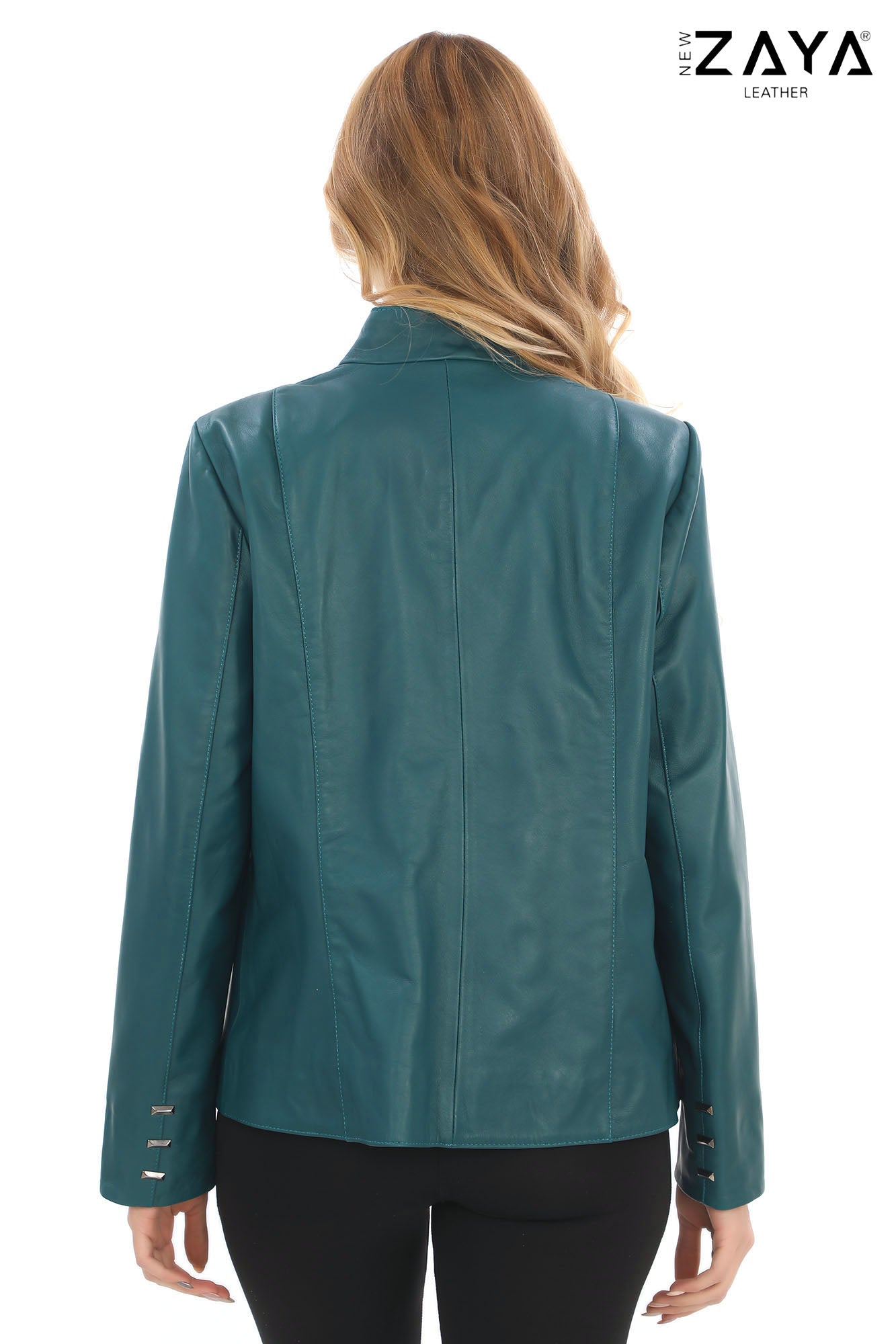 Hazel -Petrol Blue Stand Collar Genuine Leather Jacket