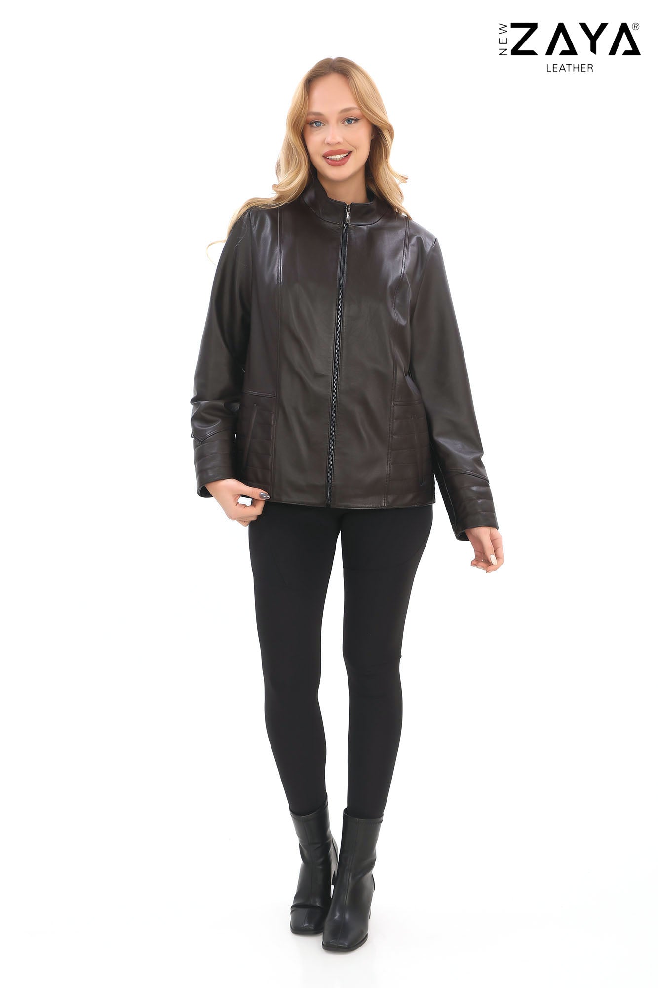 Varelle Noir Women’s Black Genuine Lamb Leather Jacket with Stand Collar and Zipper Sleeve Details