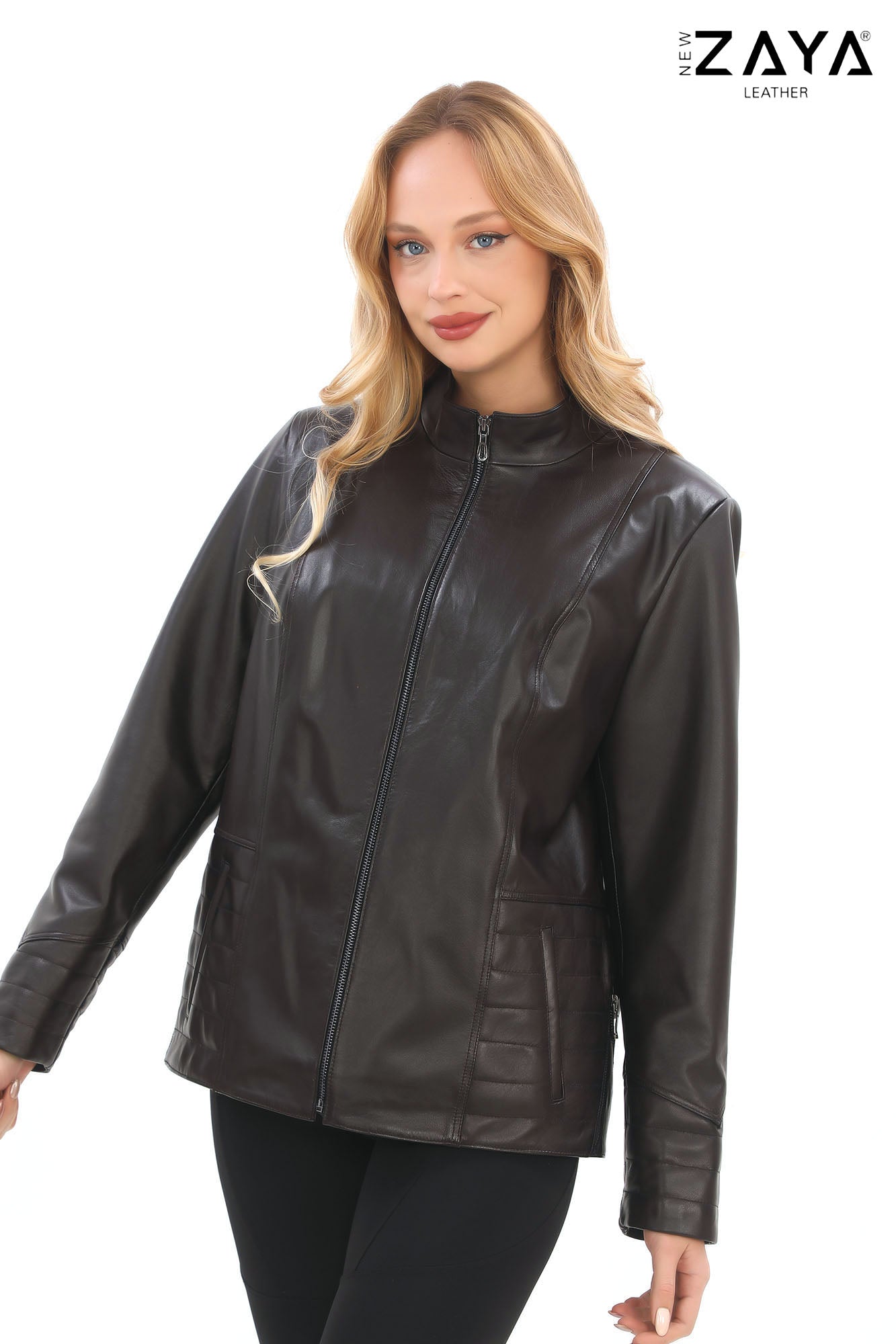 Varelle Noir Women’s Black Genuine Lamb Leather Jacket with Stand Collar and Zipper Sleeve Details