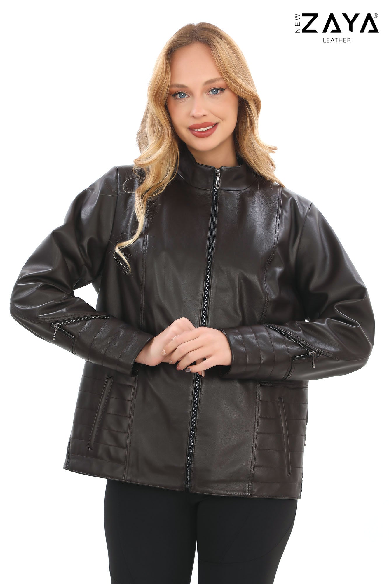 Varelle Noir Women’s Black Genuine Lamb Leather Jacket with Stand Collar and Zipper Sleeve Details