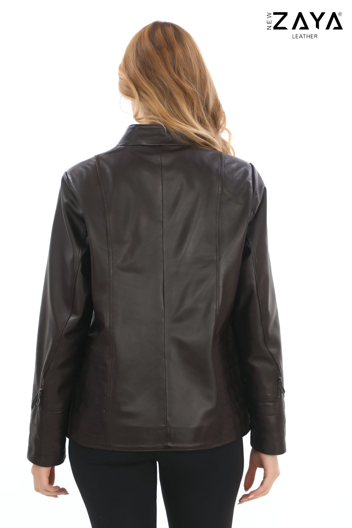 Varelle Noir Women’s Black Genuine Lamb Leather Jacket with Stand Collar and Zipper Sleeve Details