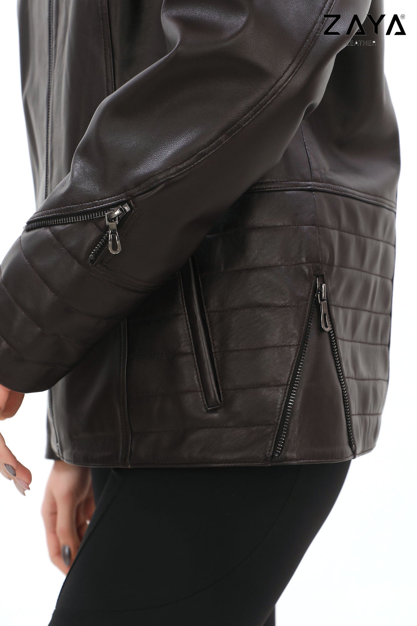 Varelle Noir Women’s Black Genuine Lamb Leather Jacket with Stand Collar and Zipper Sleeve Details