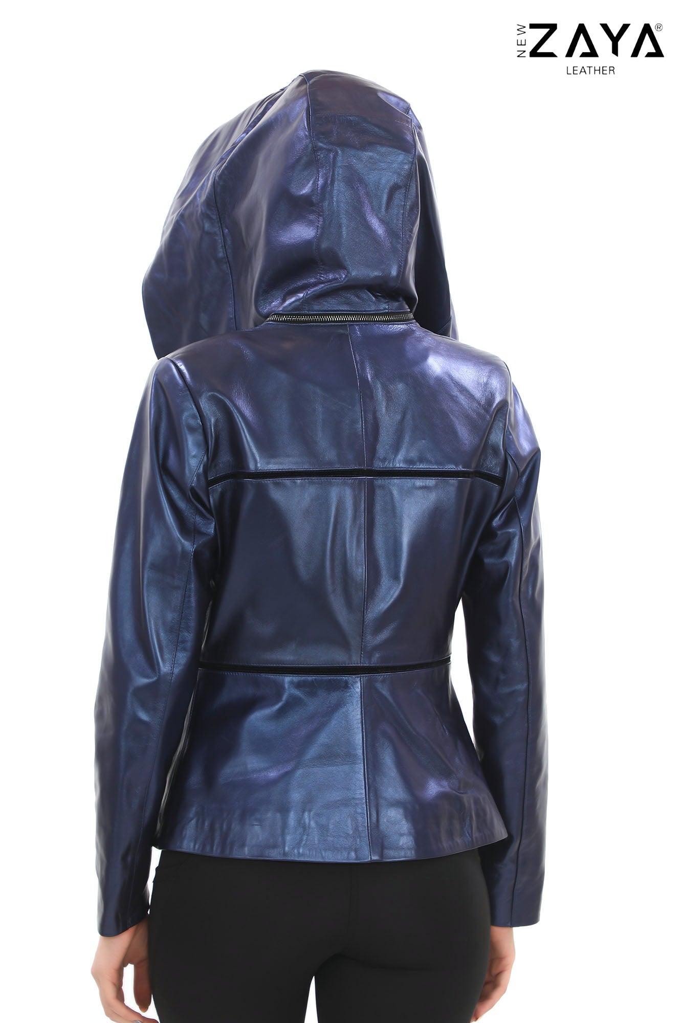 JAEEN Metallic Blue Genuine Lambskin Leather Jacket with Detachable Hood