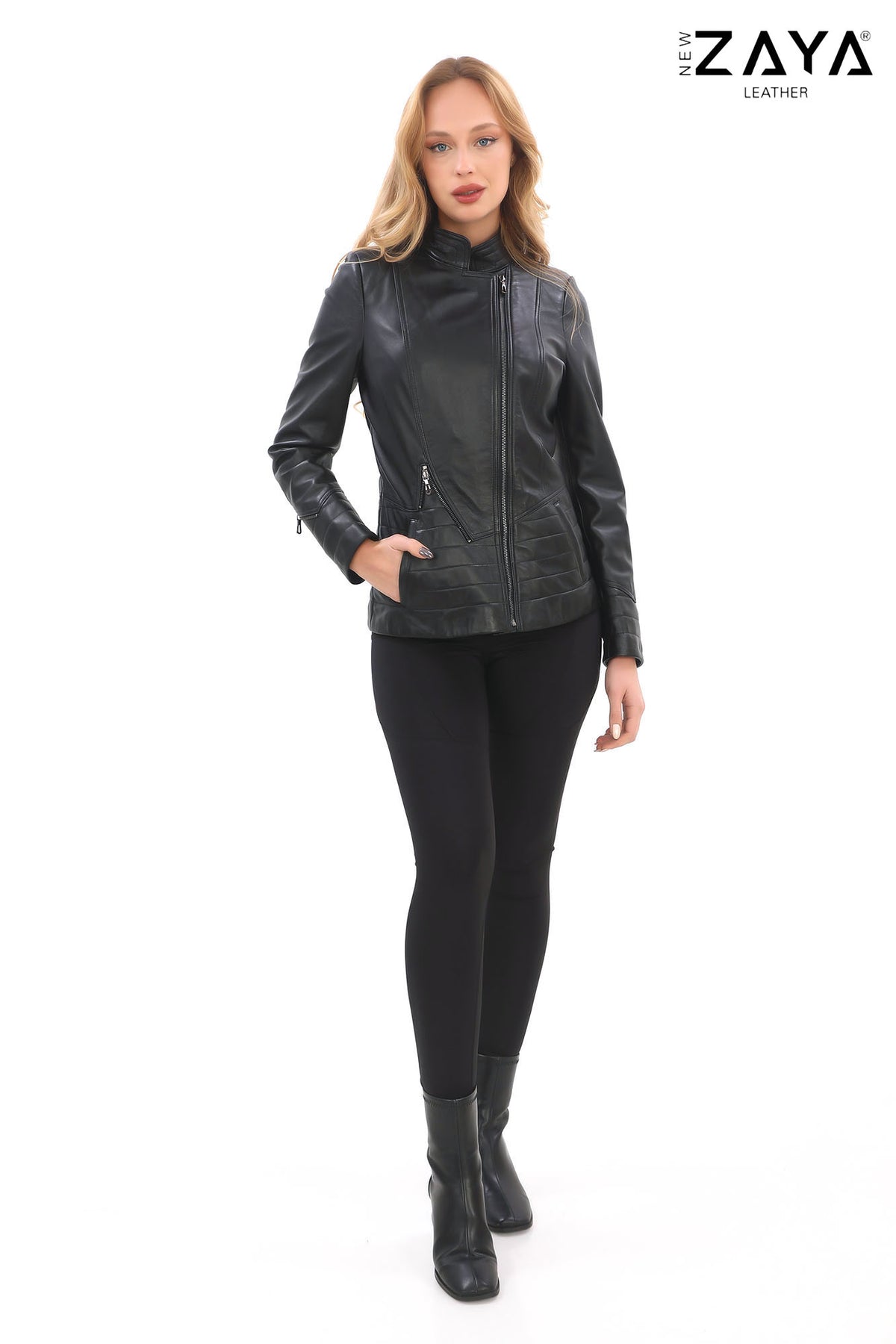 Verona Genuine Leather Black Asymmetric Biker Jacket with Quilted Panel Details