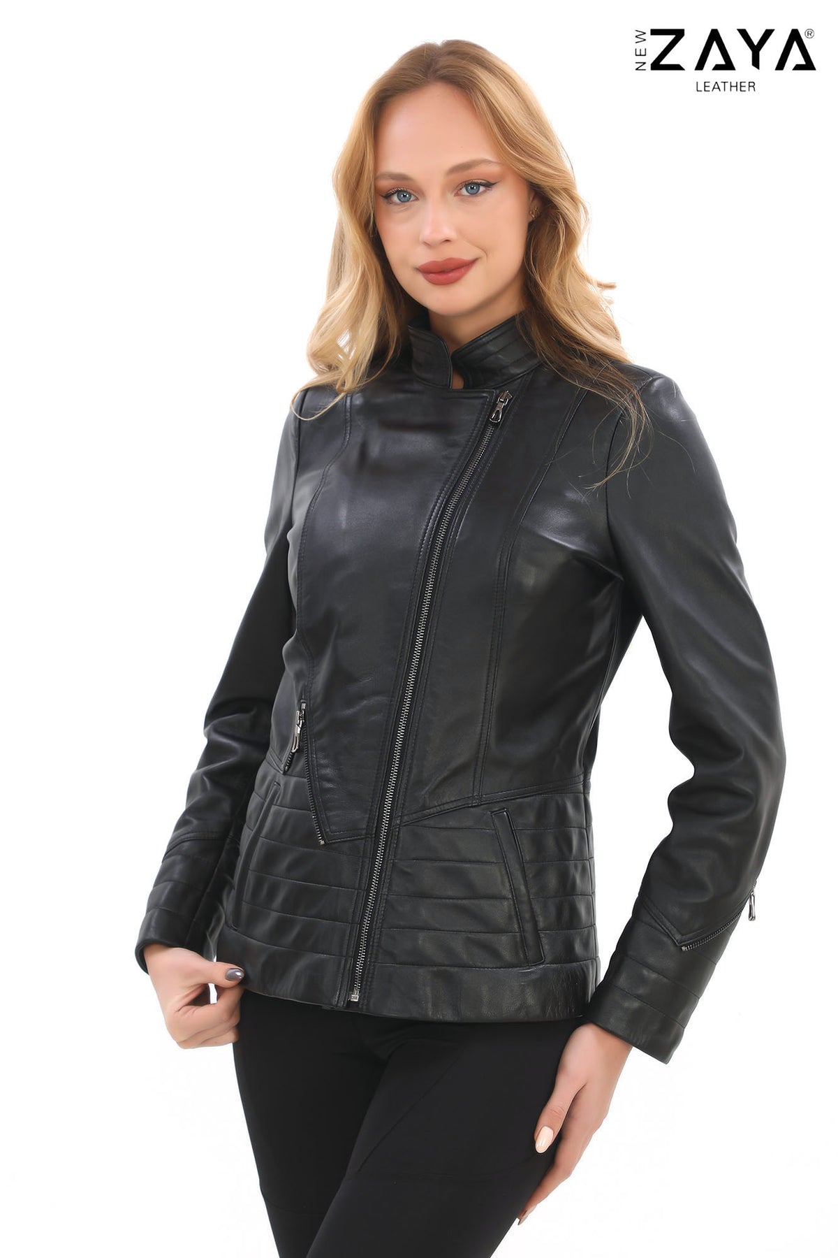 Verona Genuine Leather Black Asymmetric Biker Jacket with Quilted Panel Details