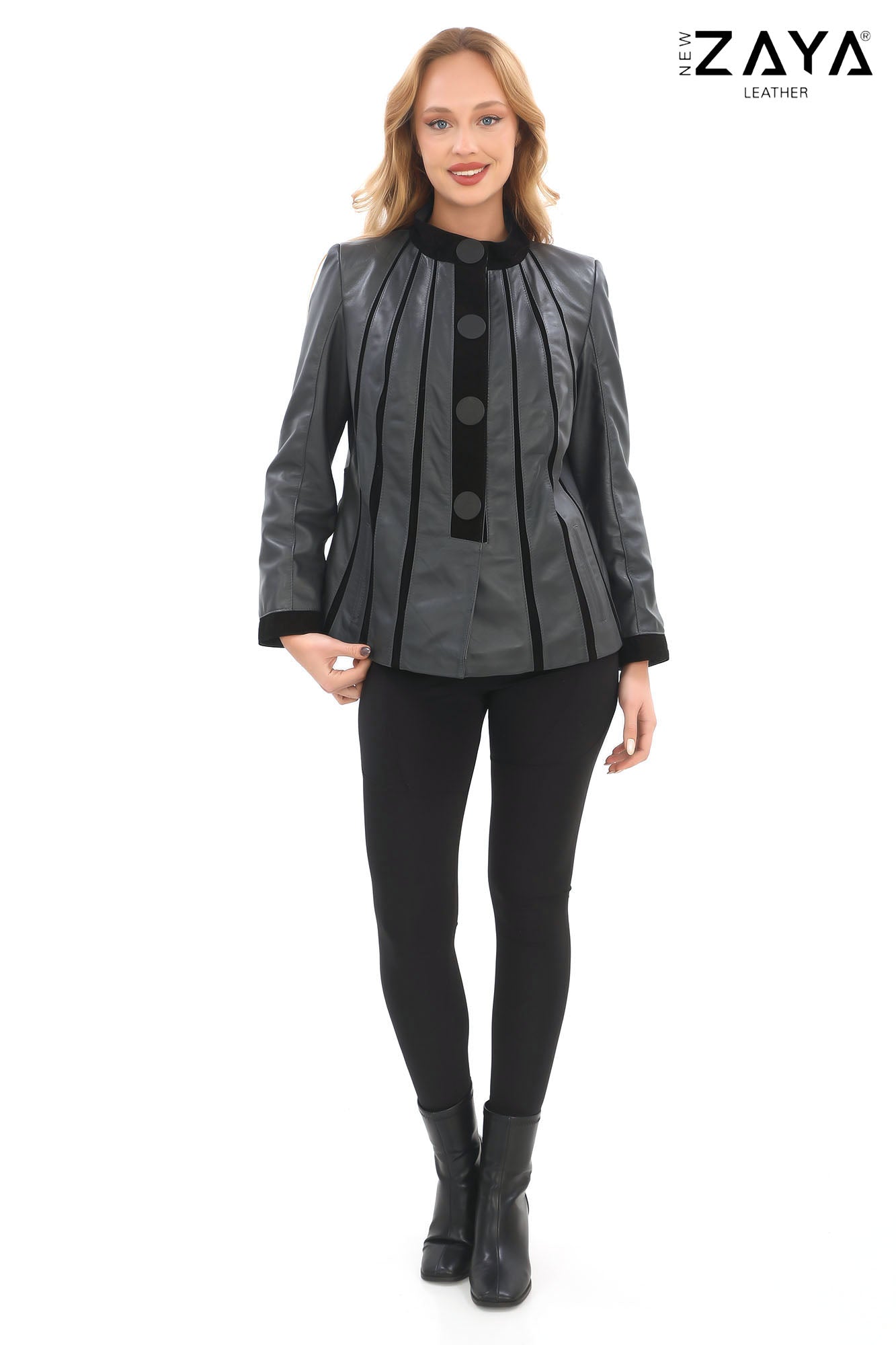 ATHENA ANTHRACITE GENUINE LEATHER & SUEDE PANELLED STATEMENT JACKET Anthracite
