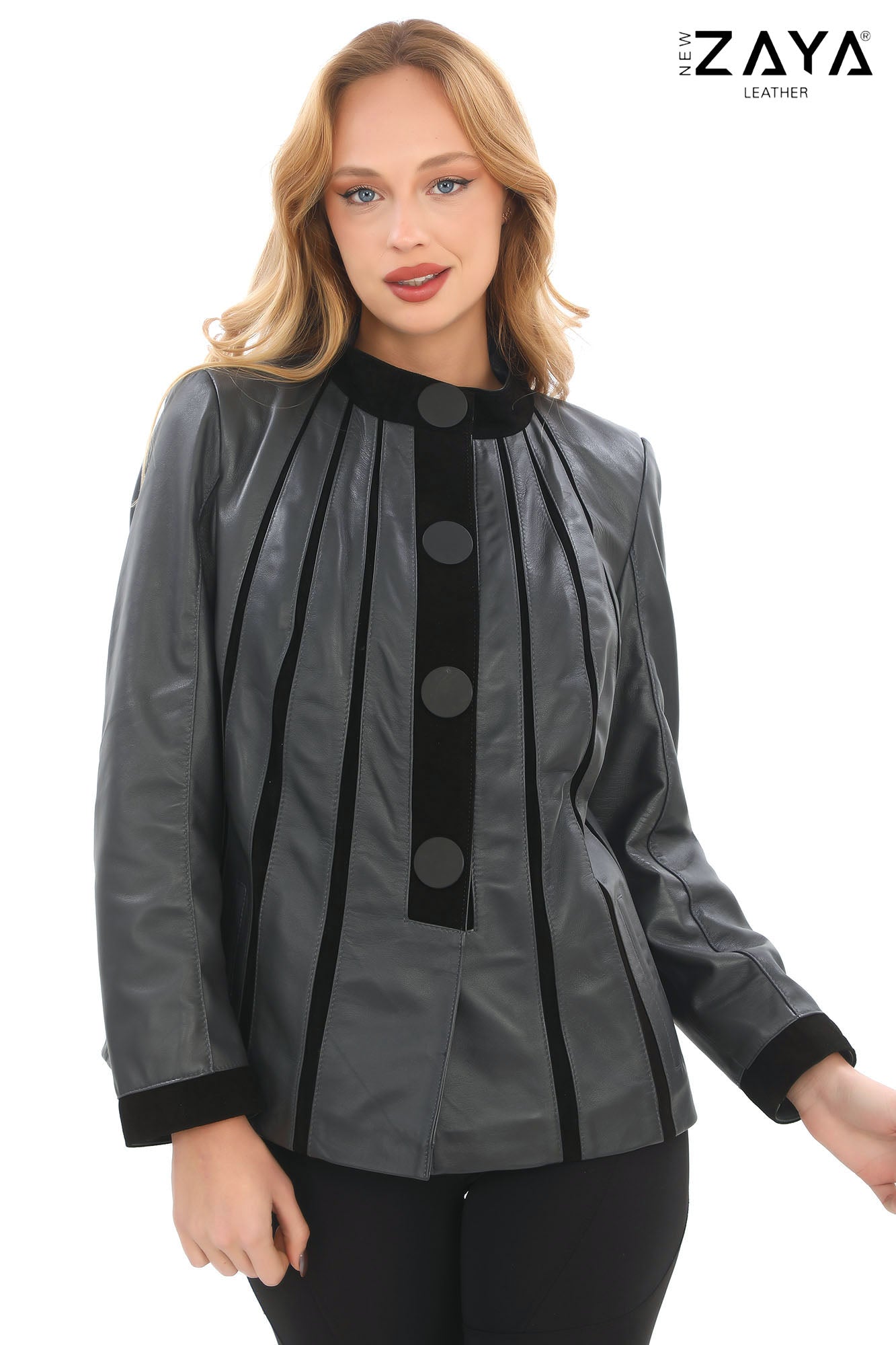 ATHENA ANTHRACITE GENUINE LEATHER & SUEDE PANELLED STATEMENT JACKET Anthracite