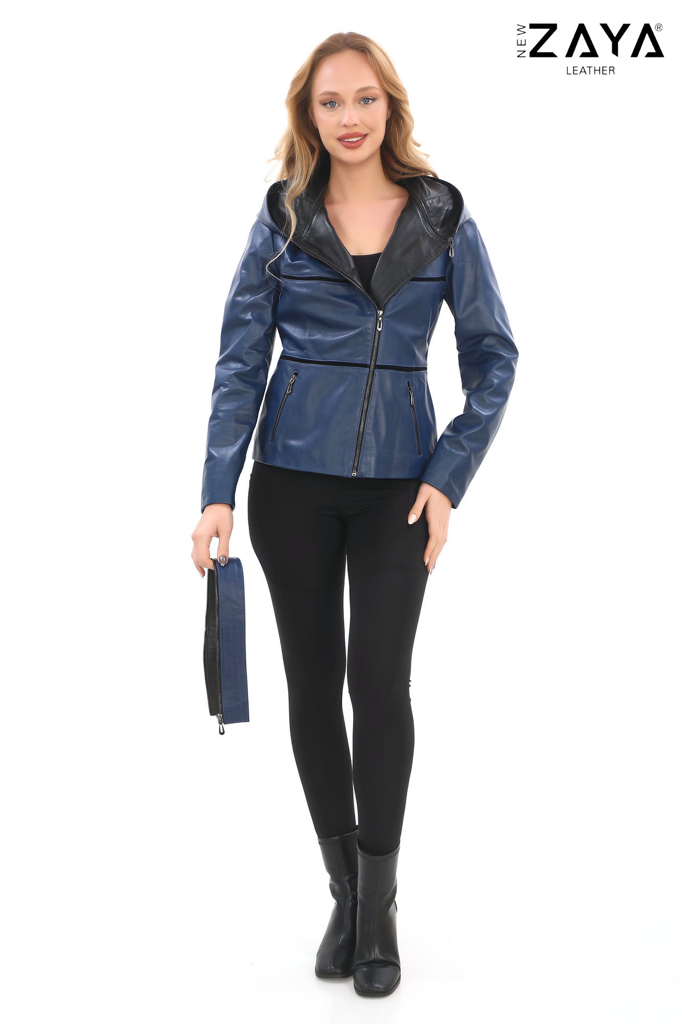 JAEEN Blue Genuine Lambskin Leather Jacket with Detachable Hood