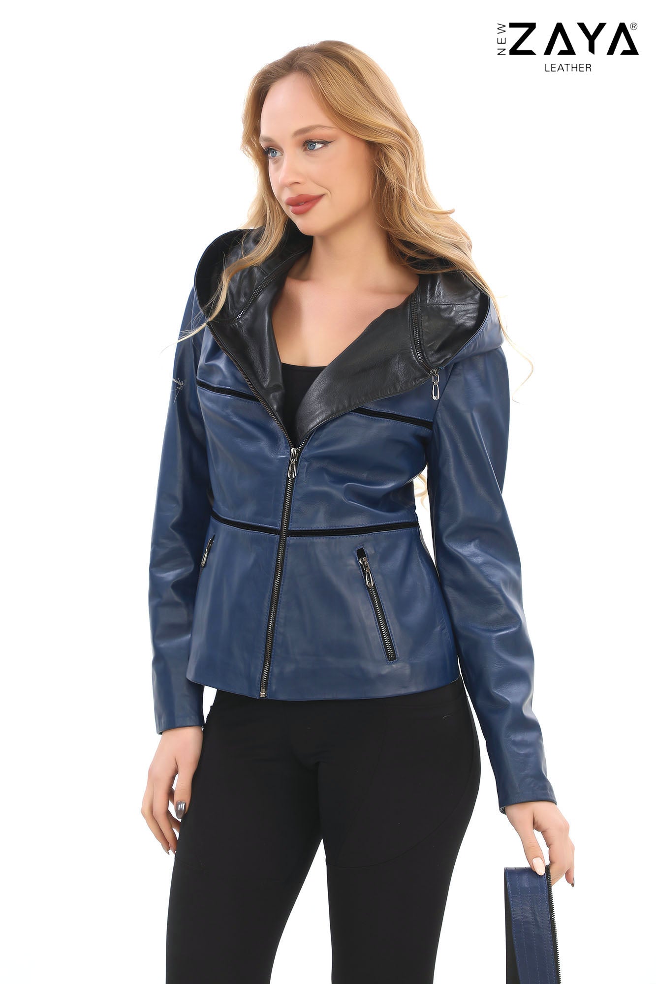 JAEEN Blue Genuine Lambskin Leather Jacket with Detachable Hood