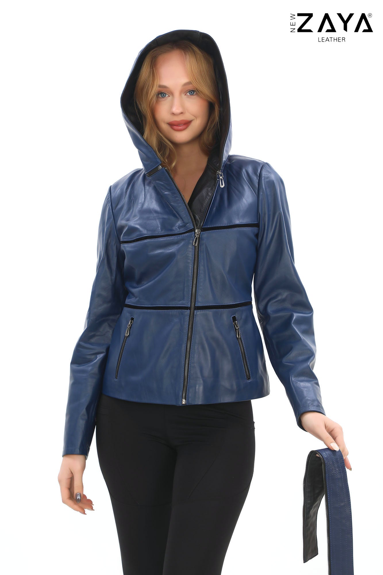JAEEN Blue Genuine Lambskin Leather Jacket with Detachable Hood