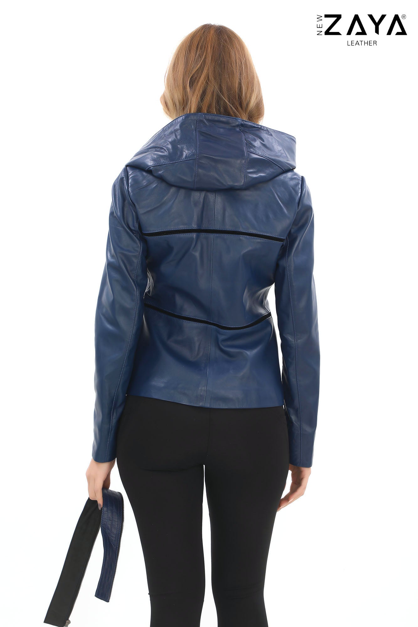 JAEEN Blue Genuine Lambskin Leather Jacket with Detachable Hood