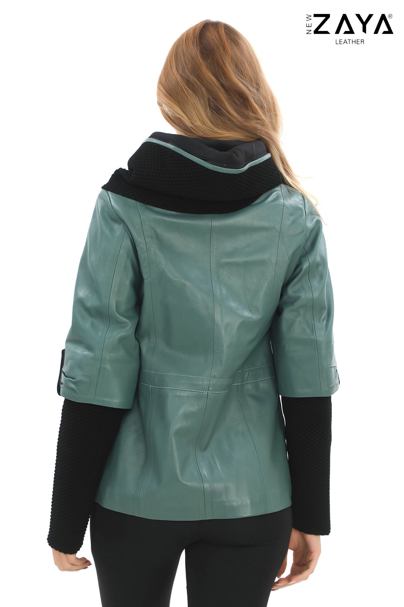 Chloe Genuine Leather Mint Green Hooded Jacket with Knitwear Trim