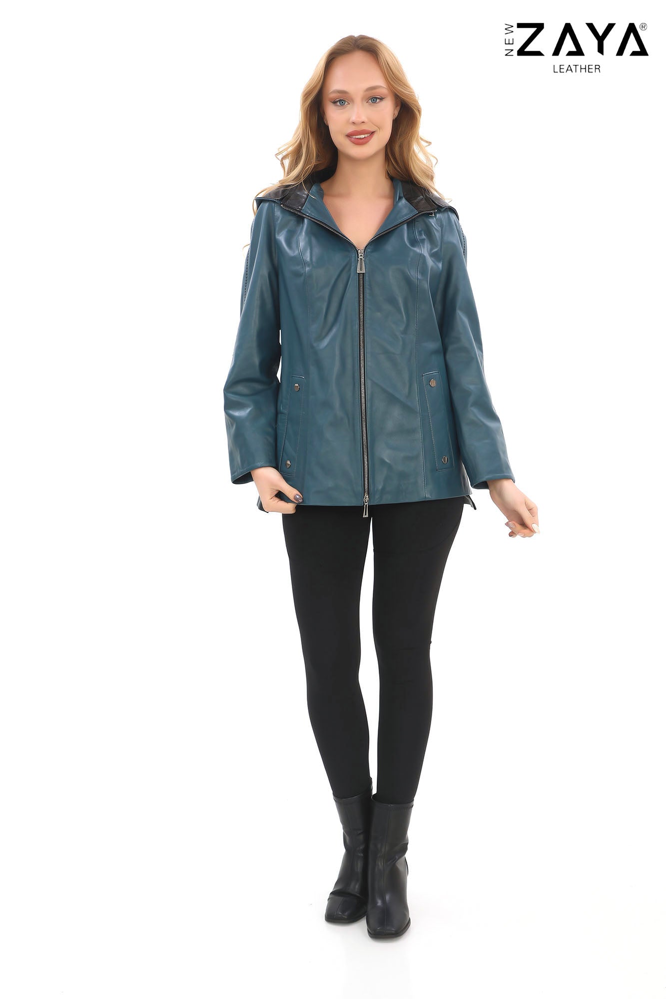 Udine Genuine Lambskin Petrol Blue Leather Jacket with Snap Button Pockets