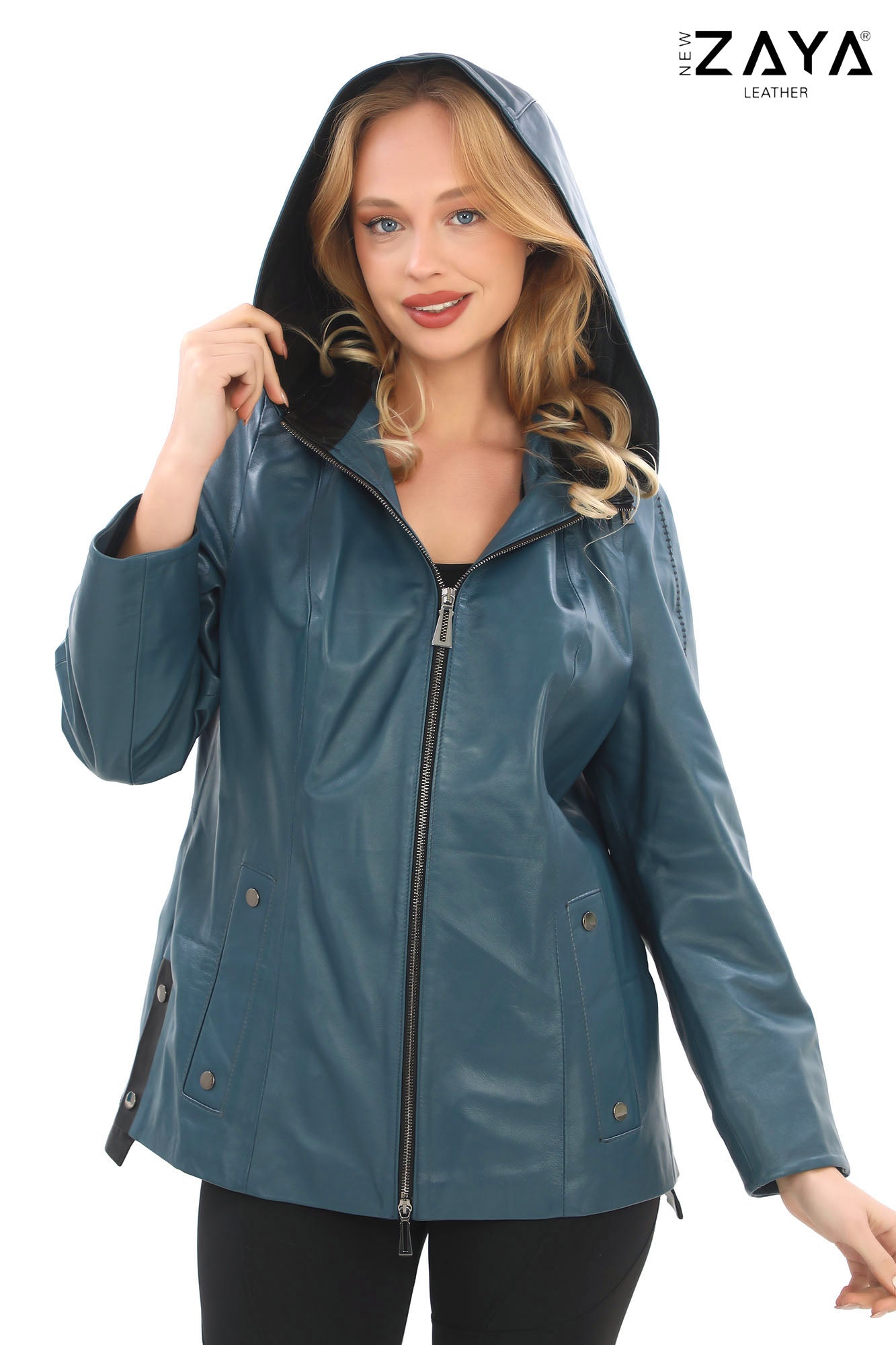 Udine Genuine Lambskin Petrol Blue Leather Jacket with Snap Button Pockets