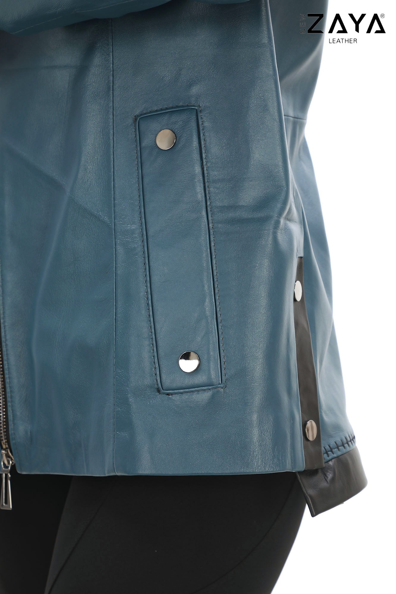 Udine Genuine Lambskin Petrol Blue Leather Jacket with Snap Button Pockets