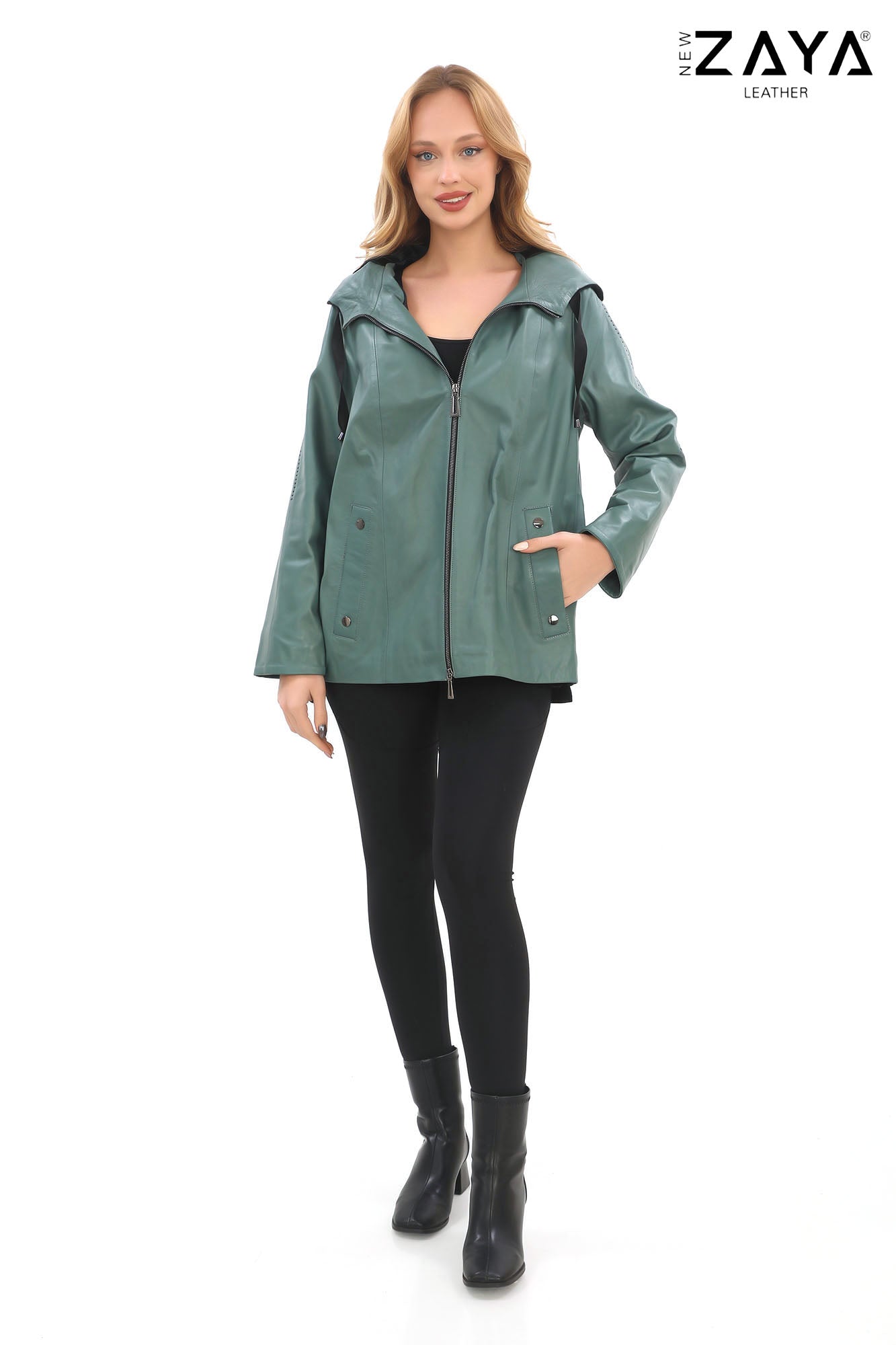 Udine Genuine Lambskin Mint Green Leather Jacket with Snap Button Pockets