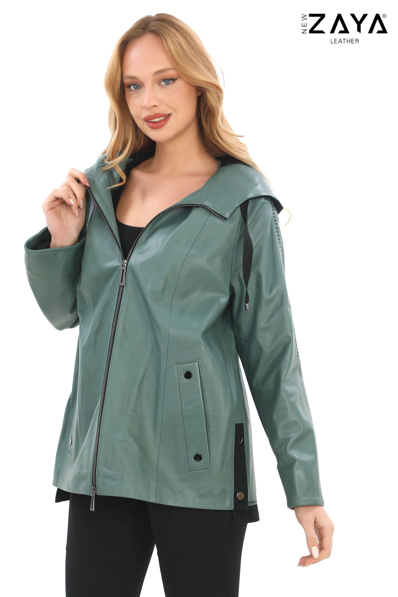 Udine Genuine Lambskin Mint Green Leather Jacket with Snap Button Pockets