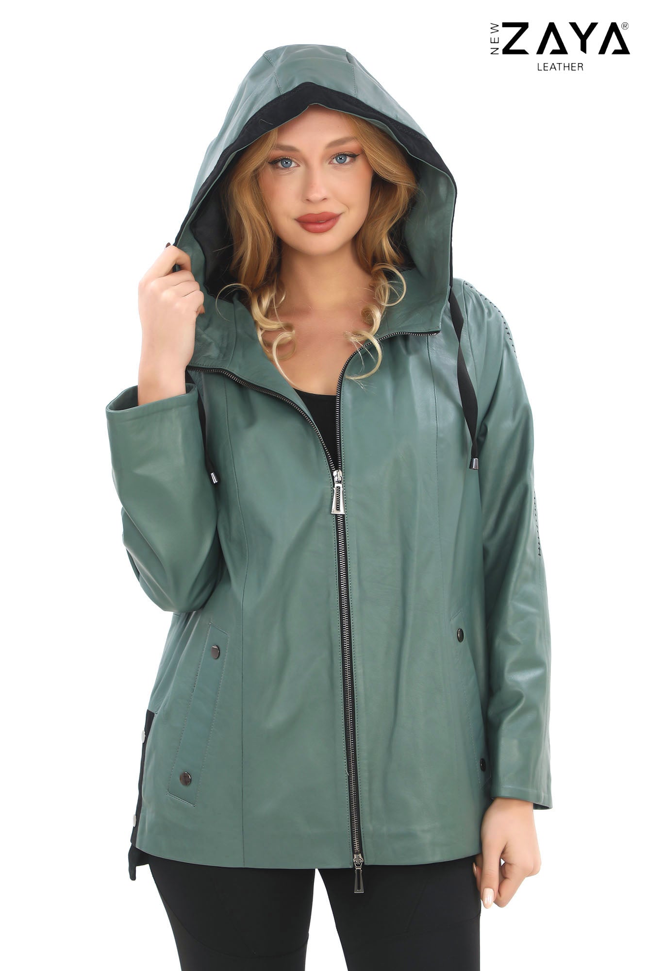 Udine Genuine Lambskin Mint Green Leather Jacket with Snap Button Pockets