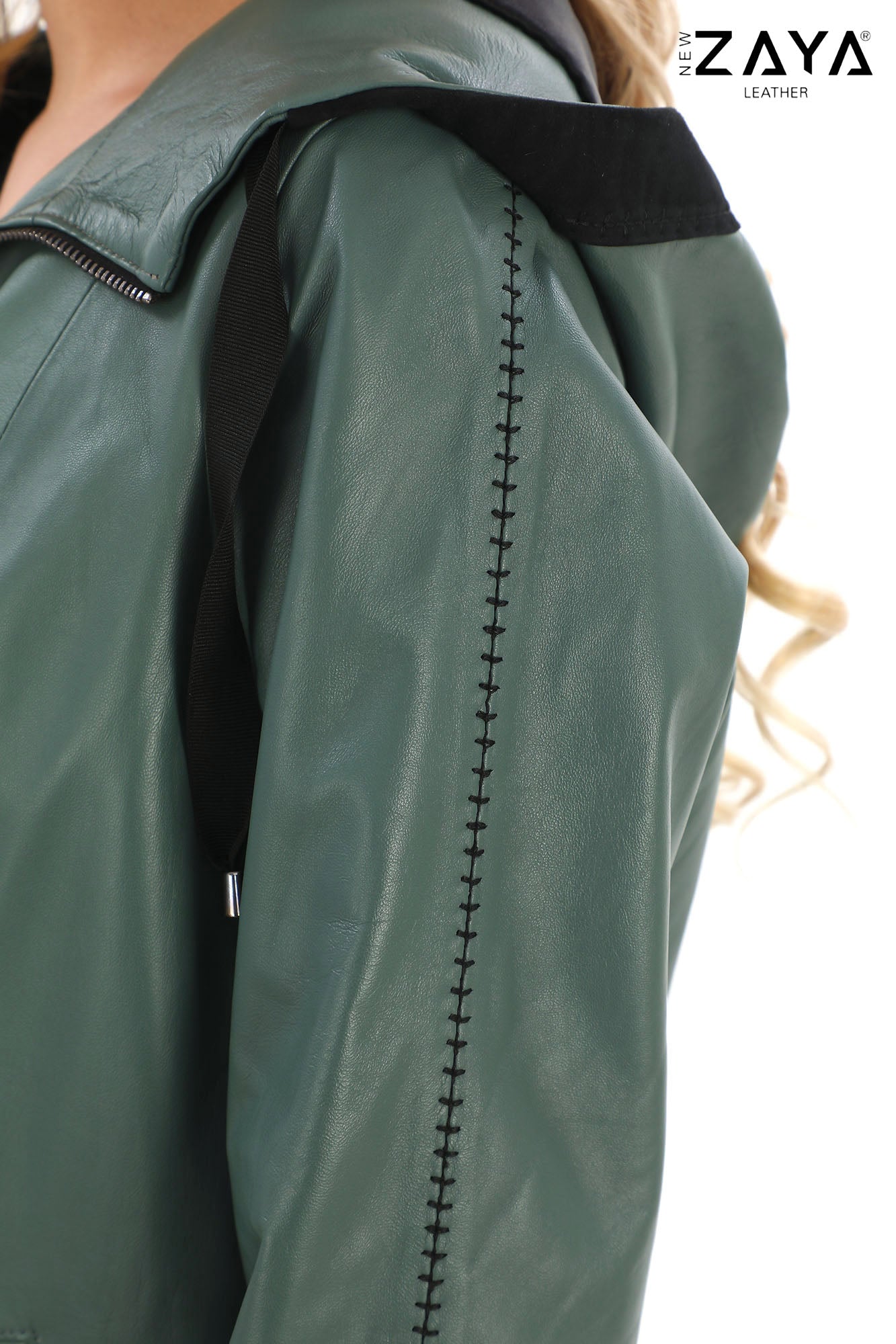 Udine Genuine Lambskin Mint Green Leather Jacket with Snap Button Pockets