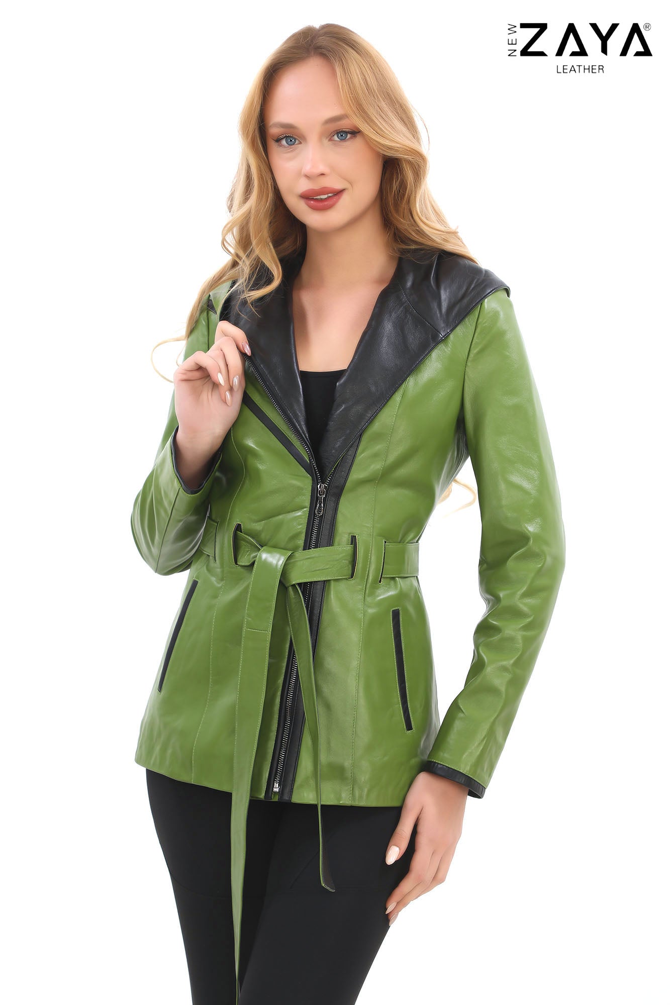 Venza Genuine Lambskin Green Hooded Leather Jacket with Contrast Asymmetric Stripes