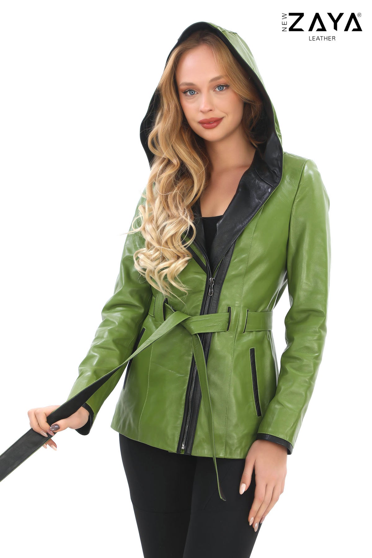 Venza Genuine Lambskin Green Hooded Leather Jacket with Contrast Asymmetric Stripes