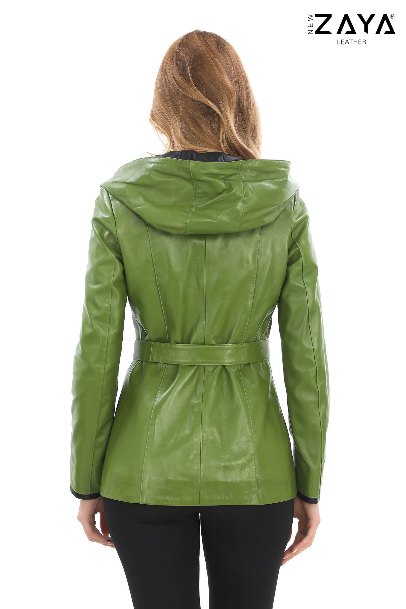 Venza Genuine Lambskin Green Hooded Leather Jacket with Contrast Asymmetric Stripes