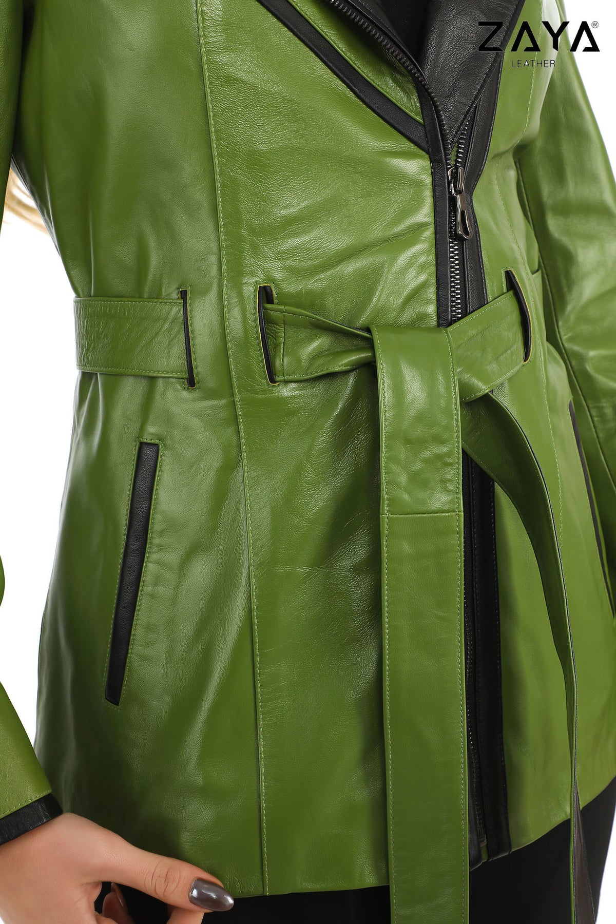Venza Genuine Lambskin Green Hooded Leather Jacket with Contrast Asymmetric Stripes