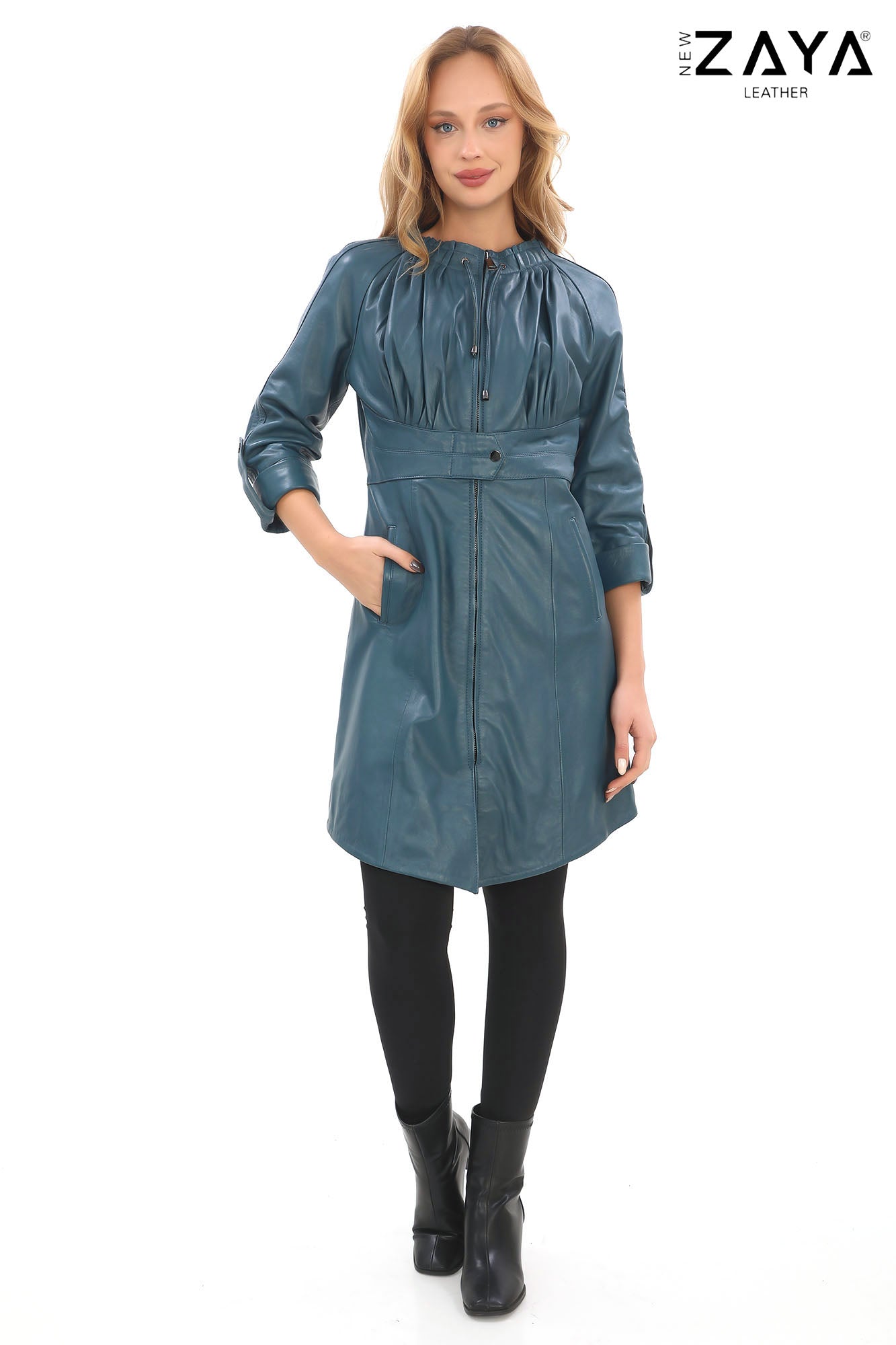 Calyra Genuine Lambskin Turquoise Leather Trench with Ruched Collar and Sculpted Waist