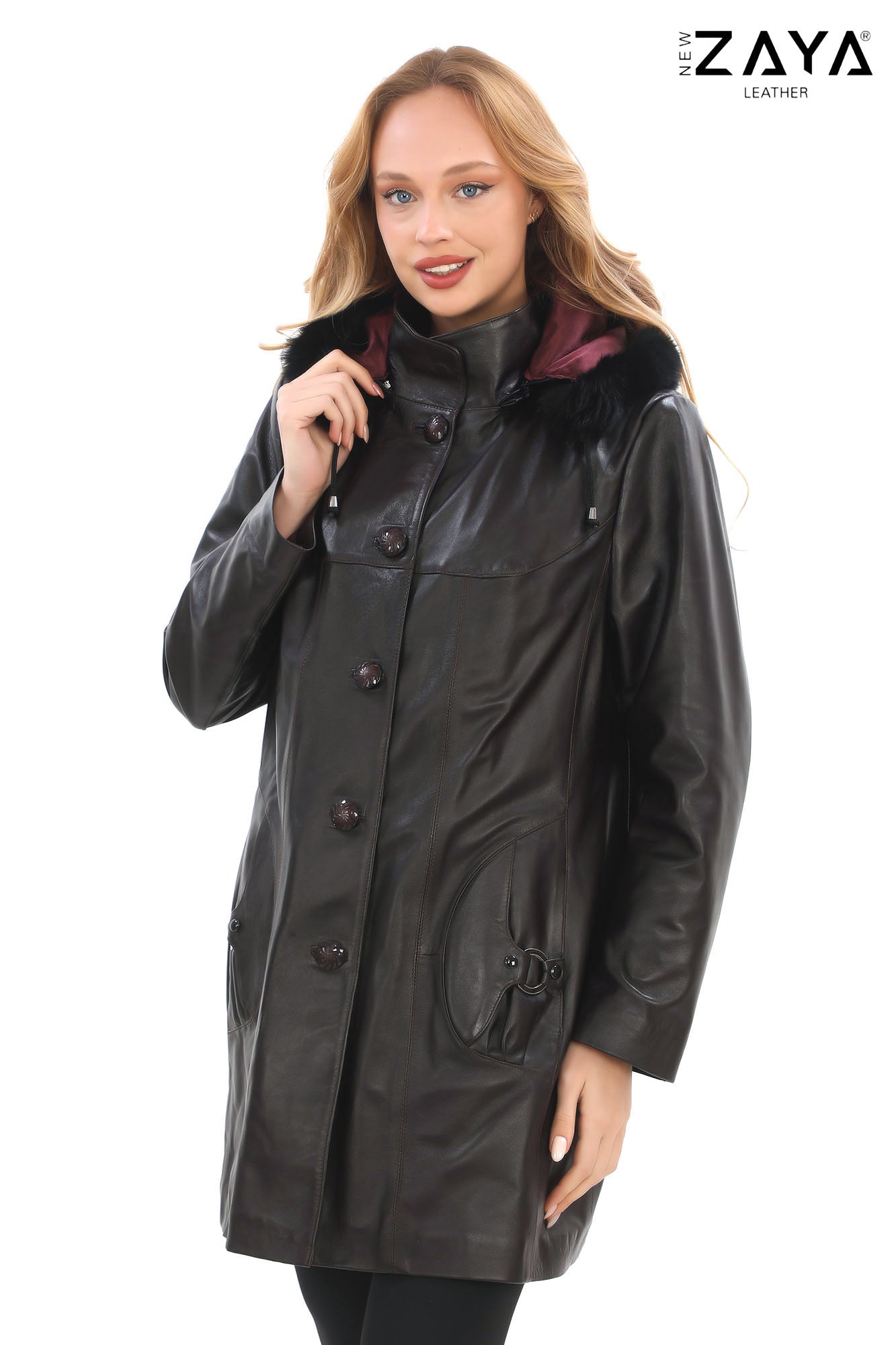 VELMORA NOIR – Fur Hooded Leather Trench Coat Claret Red