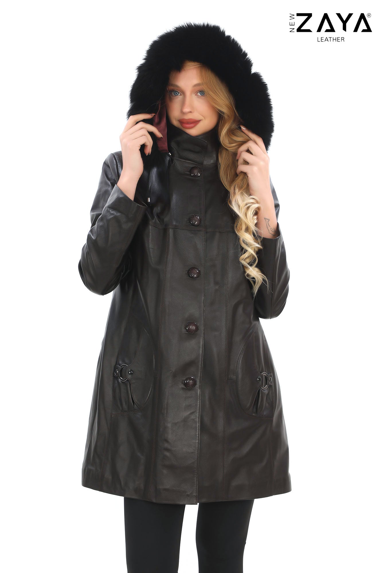 VELMORA NOIR – Fur Hooded Leather Trench Coat Claret Red