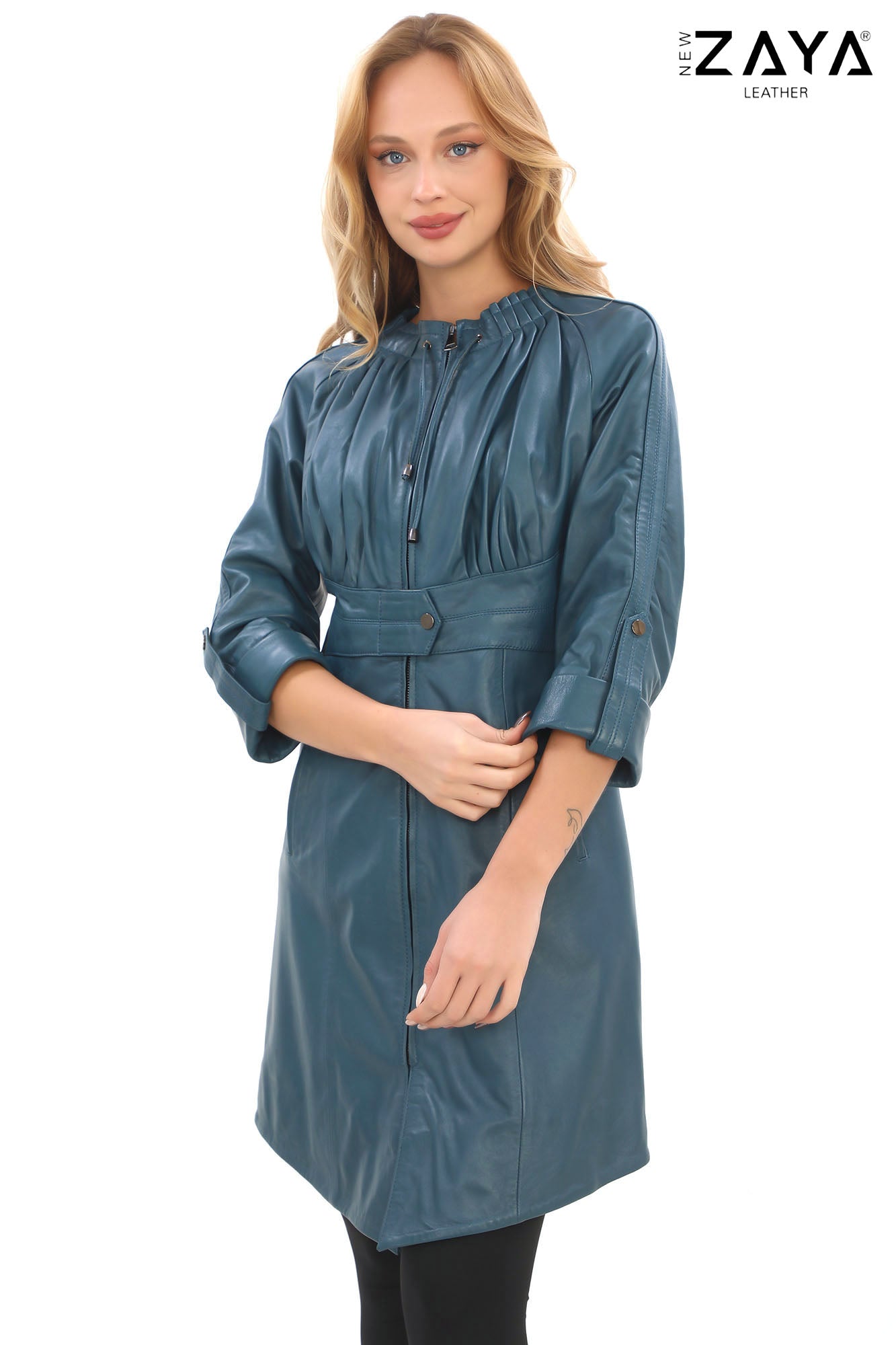 Calyra Genuine Lambskin Turquoise Leather Trench with Ruched Collar and Sculpted Waist