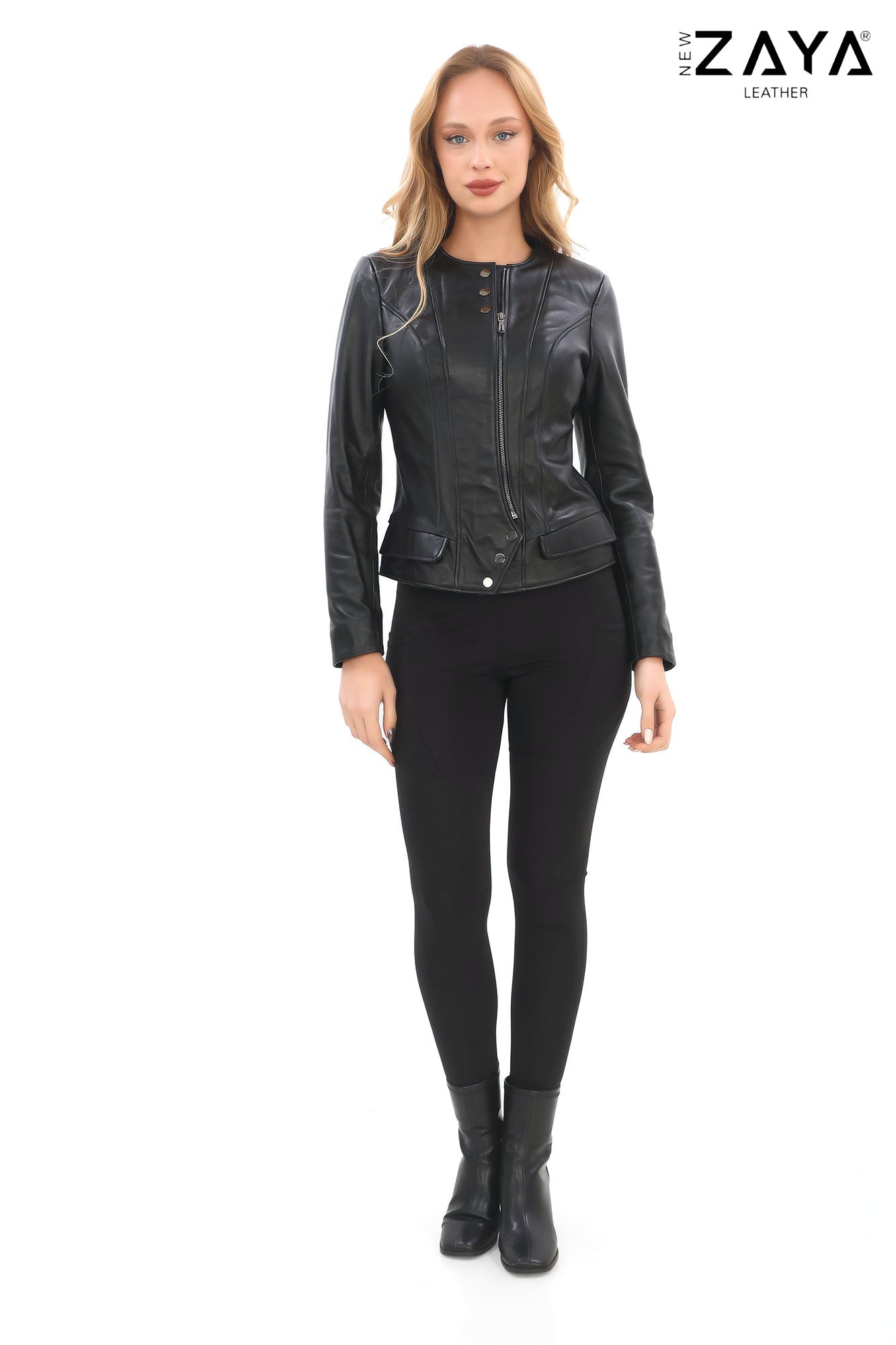 CLAR Black Asymmetrical Genuine Lambskin Leather Jacket with Snap Button Detail