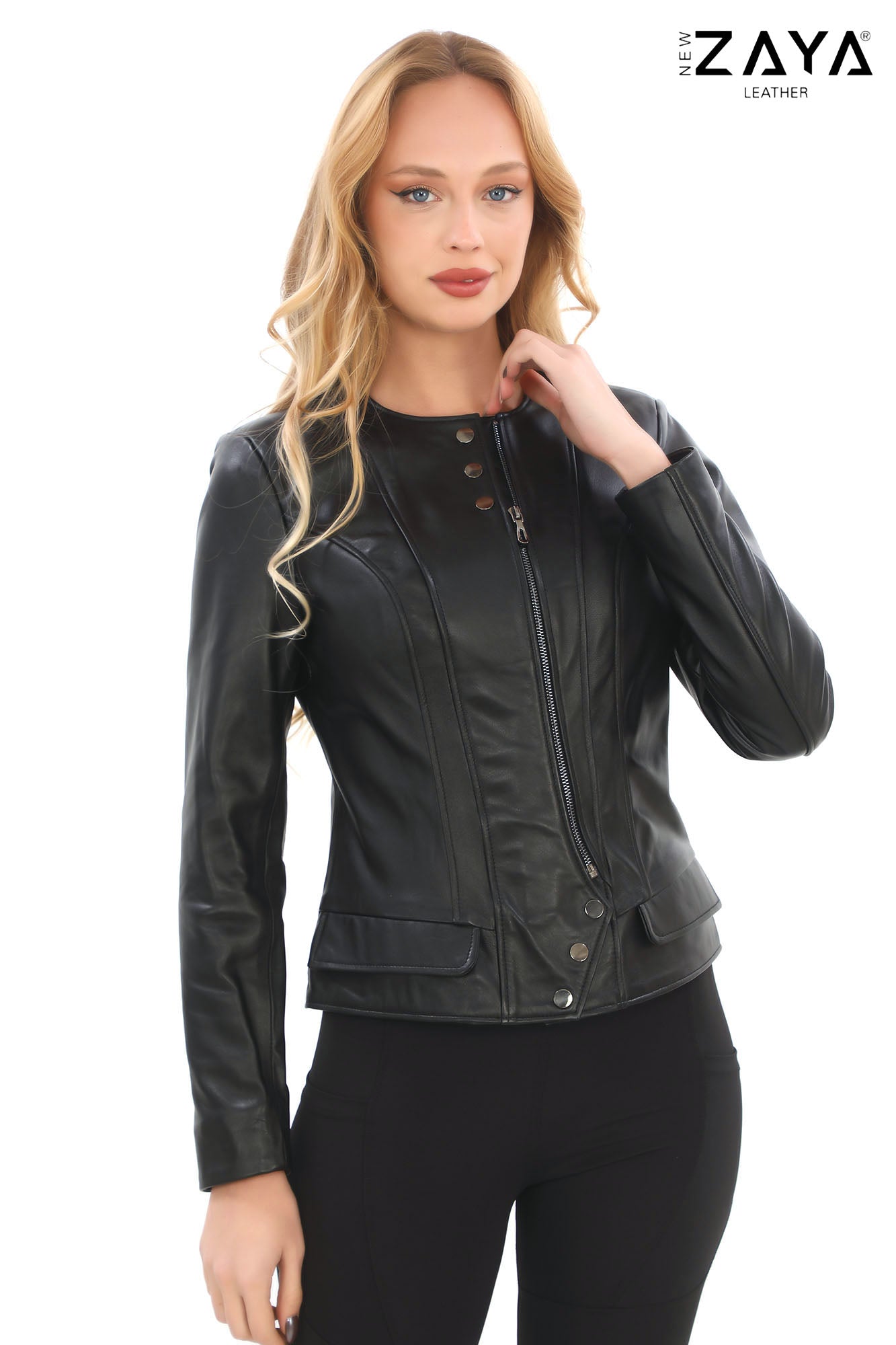 CLAR Black Asymmetrical Genuine Lambskin Leather Jacket with Snap Button Detail