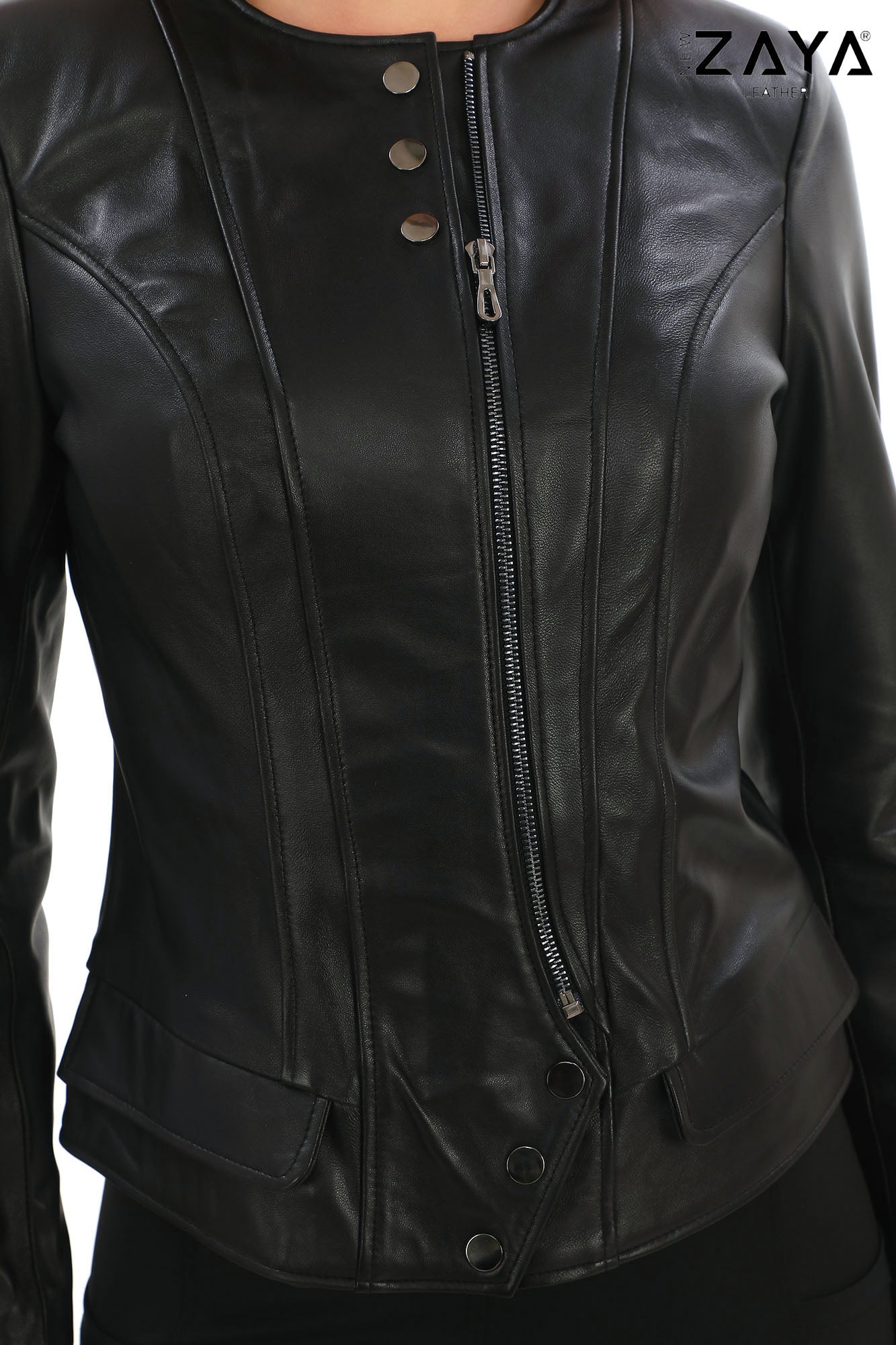 CLAR Black Asymmetrical Genuine Lambskin Leather Jacket with Snap Button Detail