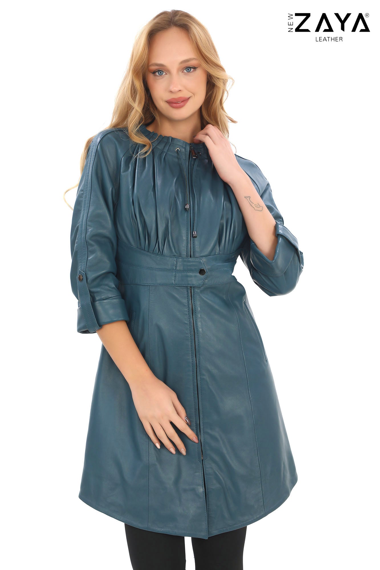 Calyra Genuine Lambskin Turquoise Leather Trench with Ruched Collar and Sculpted Waist