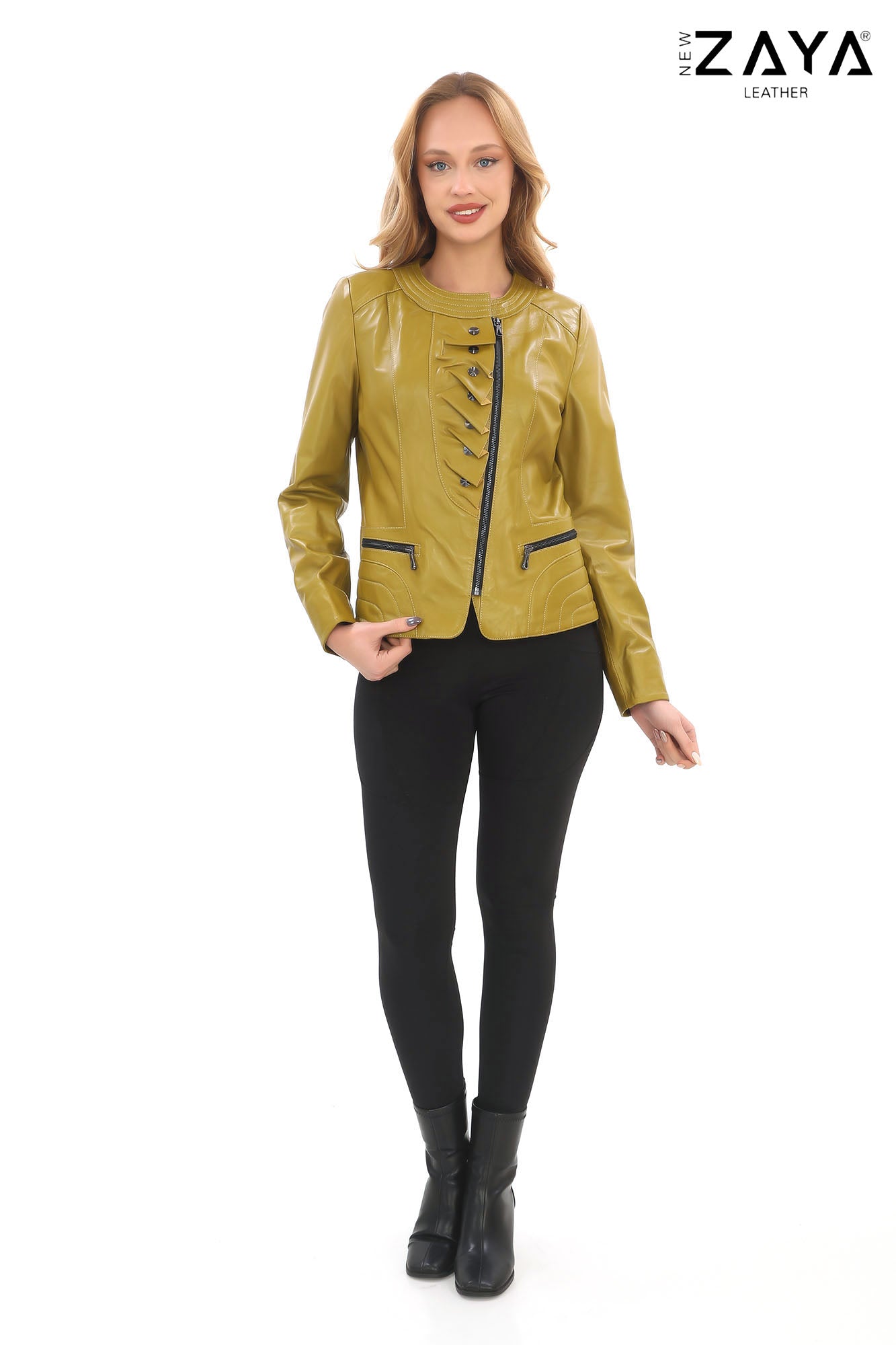 FLORA OLIVE GREEN LEATHER RUFFLE DETAILED ASYMMETRICAL JACKET