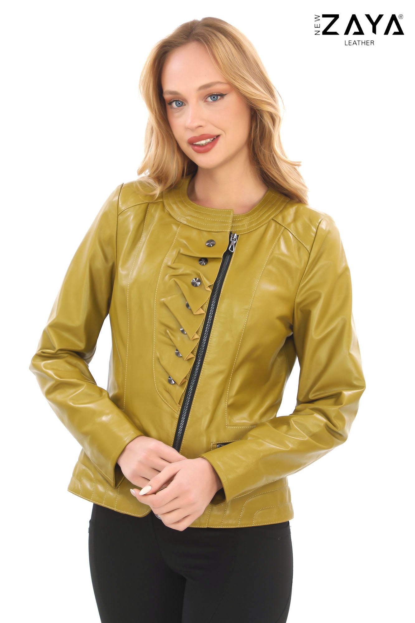 FLORA OLIVE GREEN LEATHER RUFFLE DETAILED ASYMMETRICAL JACKET