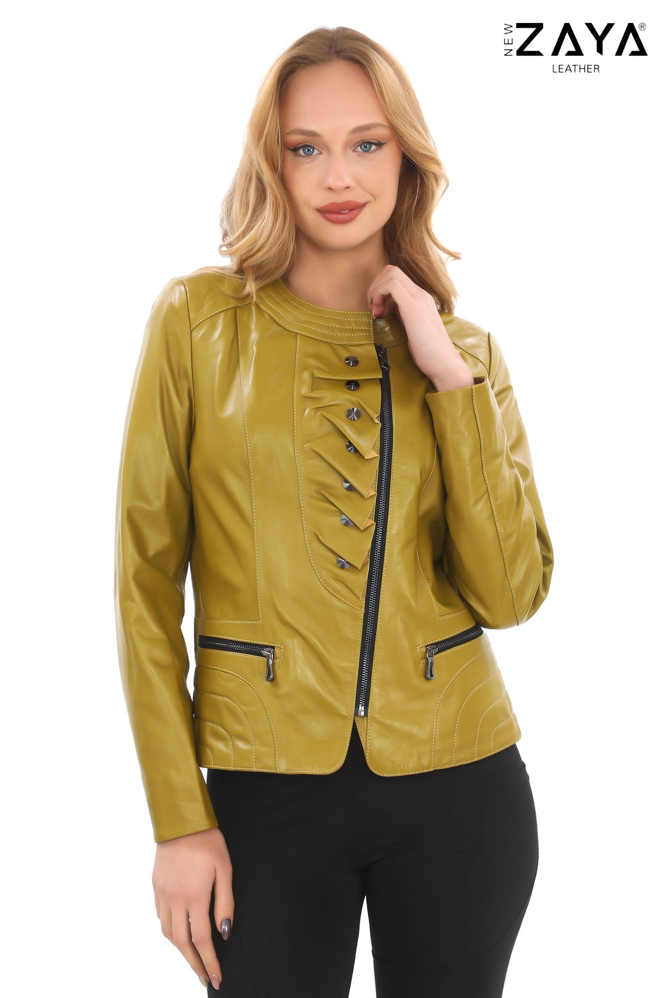 FLORA OLIVE GREEN LEATHER RUFFLE DETAILED ASYMMETRICAL JACKET