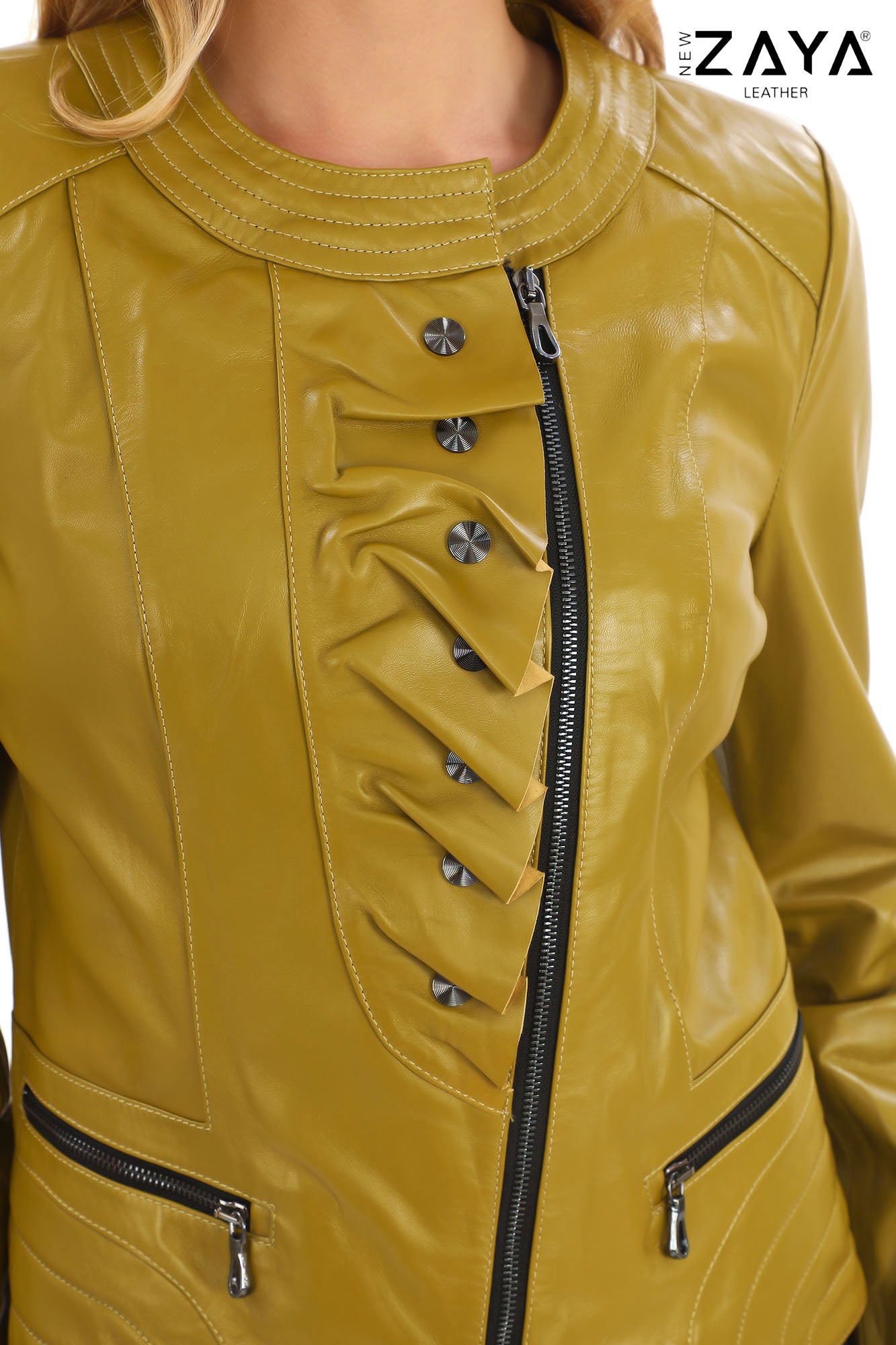 FLORA OLIVE GREEN LEATHER RUFFLE DETAILED ASYMMETRICAL JACKET