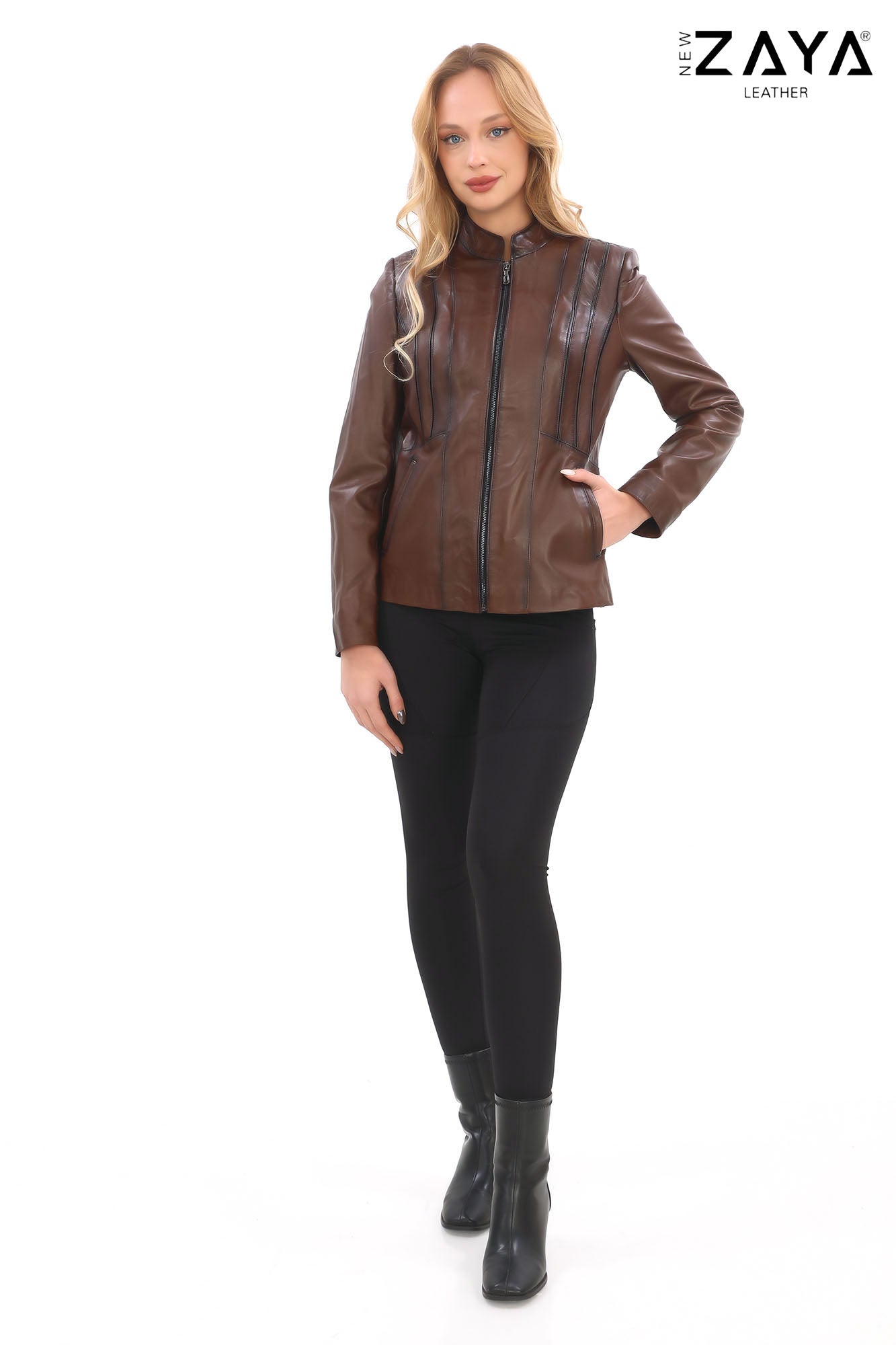 SADERNES Brown Women’s Genuine Lamb Leather Jacket with Stand Collar