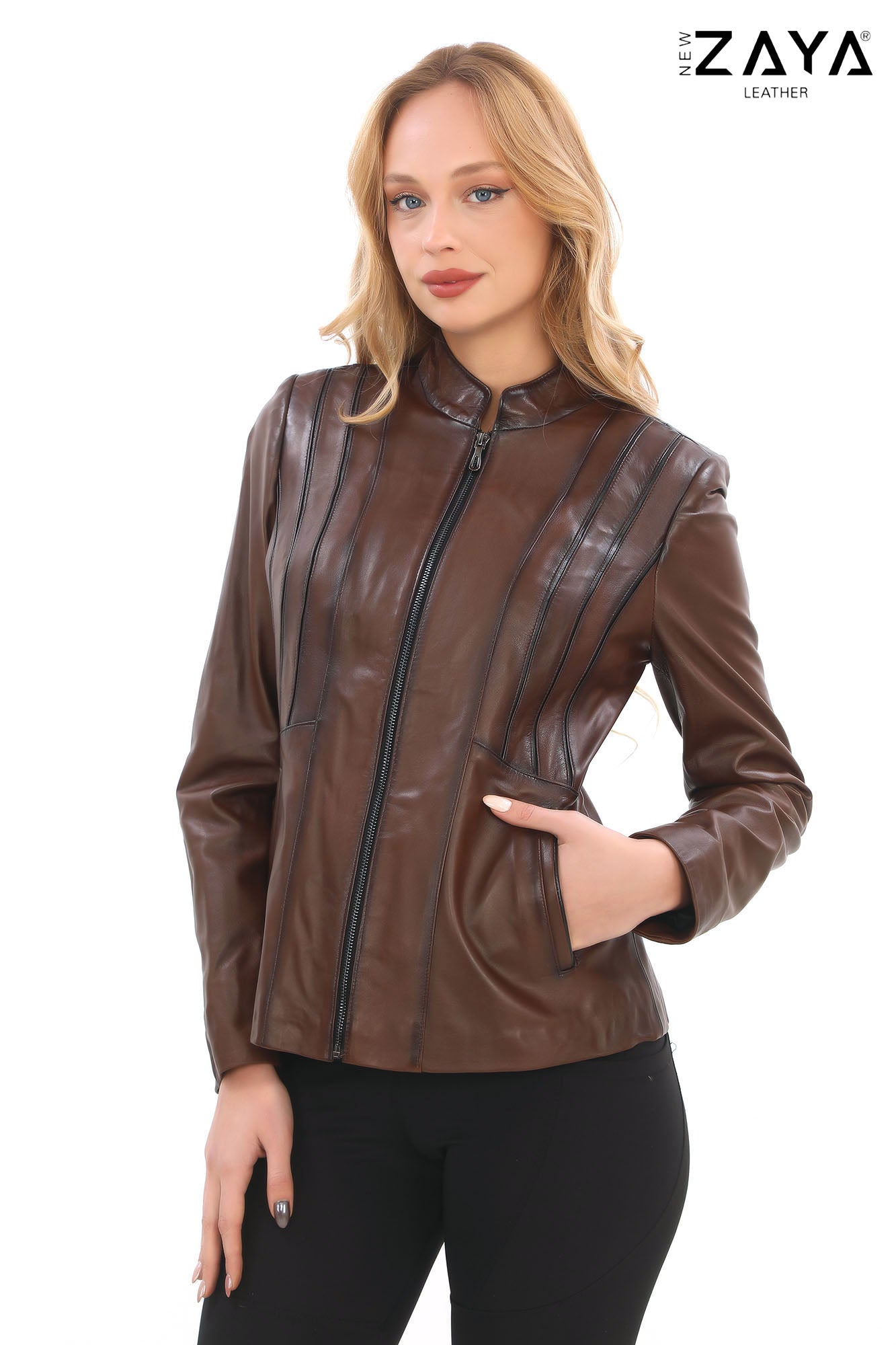 SADERNES Brown Women’s Genuine Lamb Leather Jacket with Stand Collar