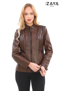 SADERNES Brown Women’s Genuine Lamb Leather Jacket with Stand Collar