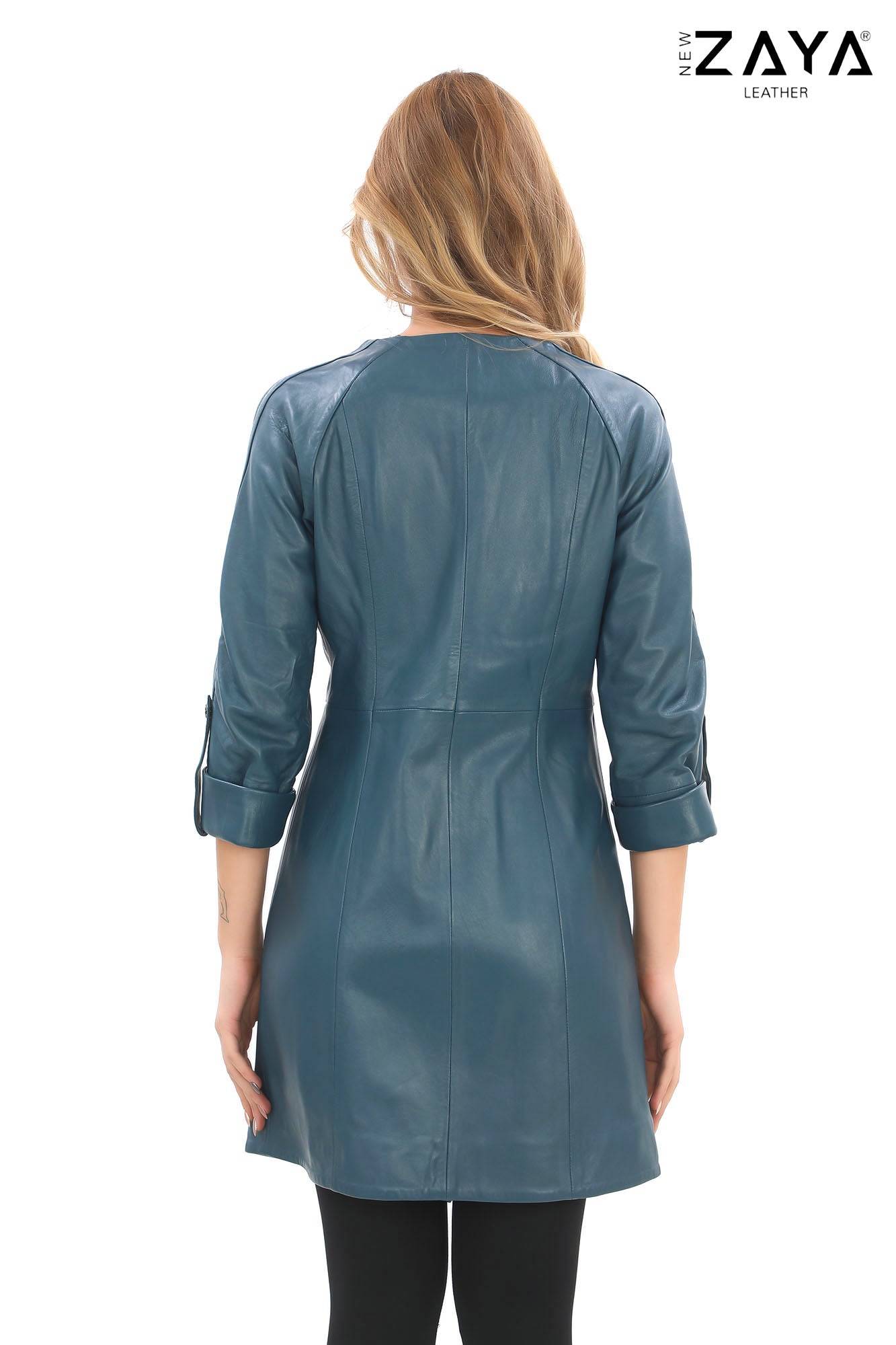 Calyra Genuine Lambskin Turquoise Leather Trench with Ruched Collar and Sculpted Waist