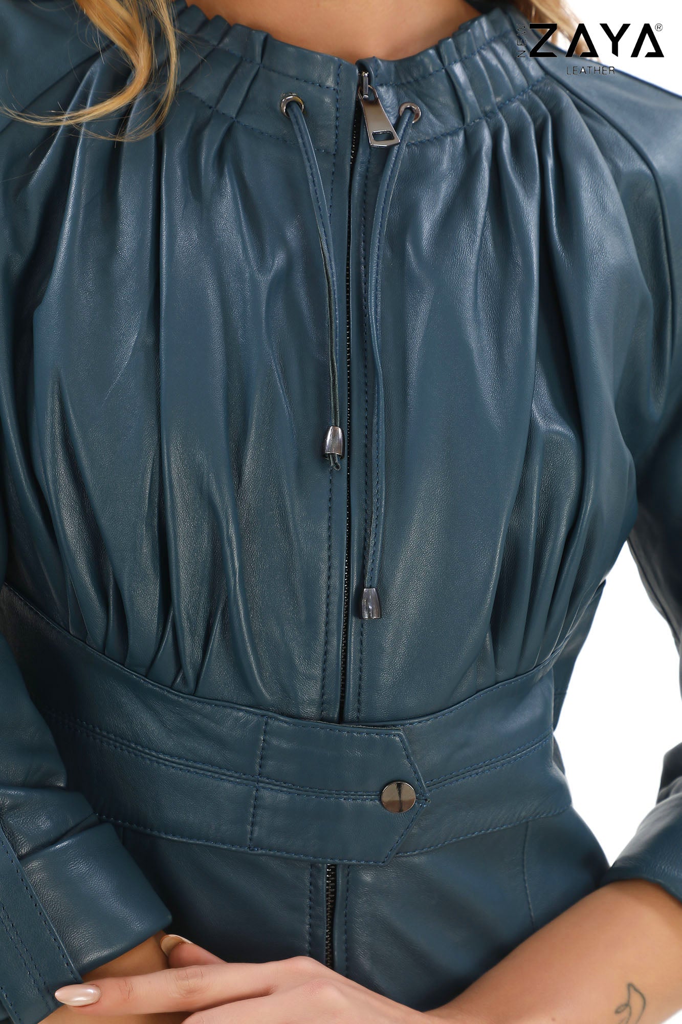 Calyra Genuine Lambskin Turquoise Leather Trench with Ruched Collar and Sculpted Waist