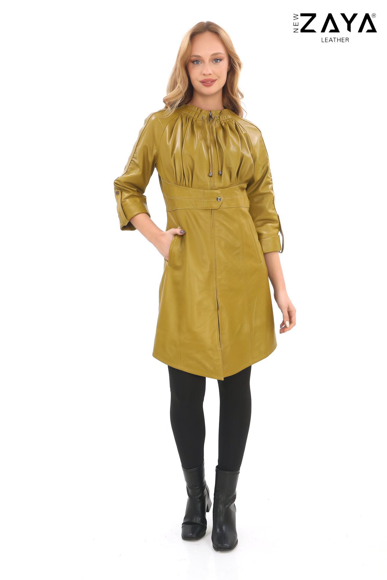 Calyra Genuine Lambskin Oil Green Leather Trench with Ruched Collar and Sculpted Waist