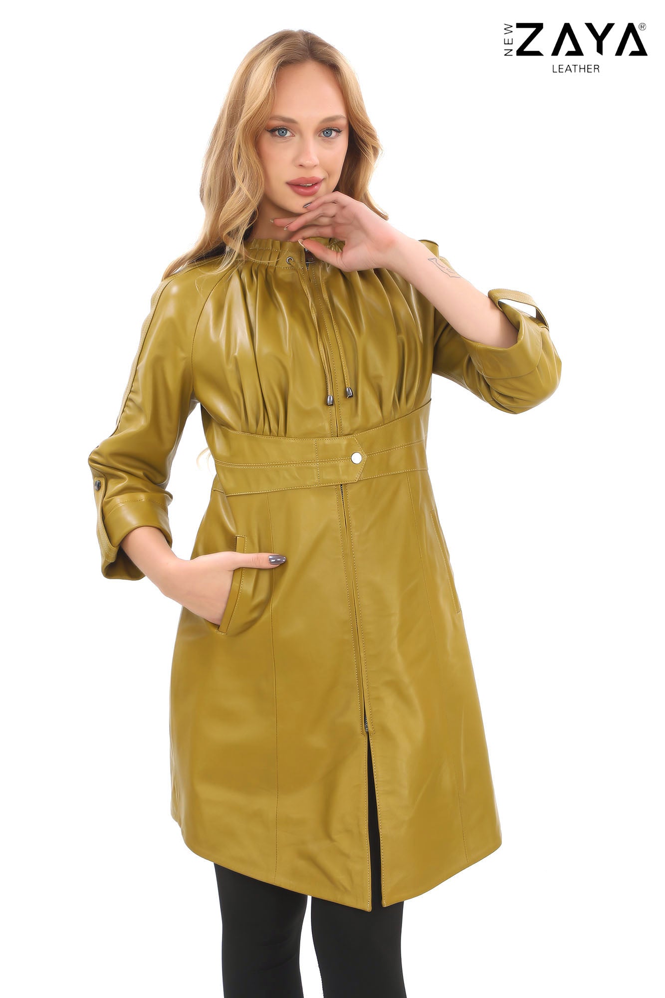 Calyra Genuine Lambskin Oil Green Leather Trench with Ruched Collar and Sculpted Waist