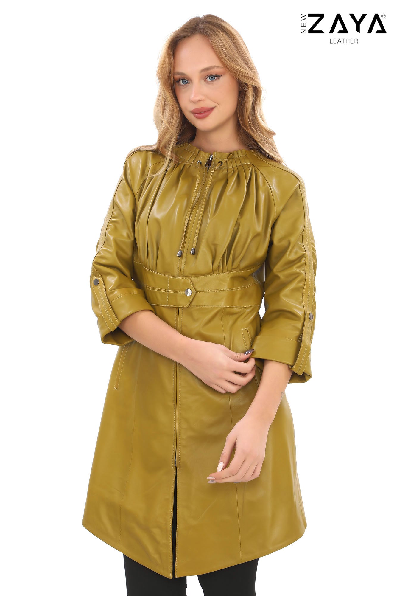 Calyra Genuine Lambskin Oil Green Leather Trench with Ruched Collar and Sculpted Waist