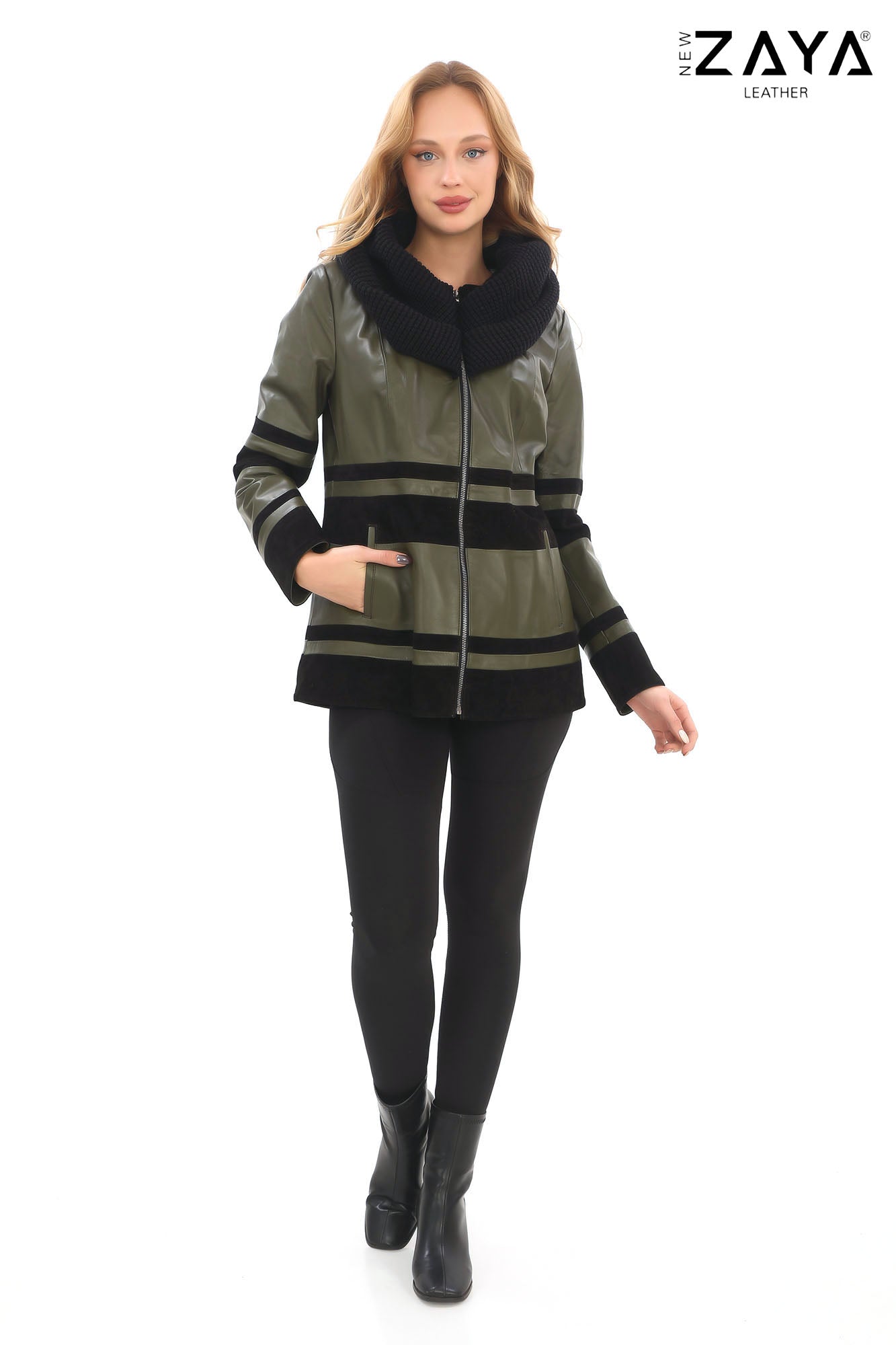Aurevine Women’s Khaki Genuine Leather Jacket with Knit Shawl Collar and Suede Contrast Panels